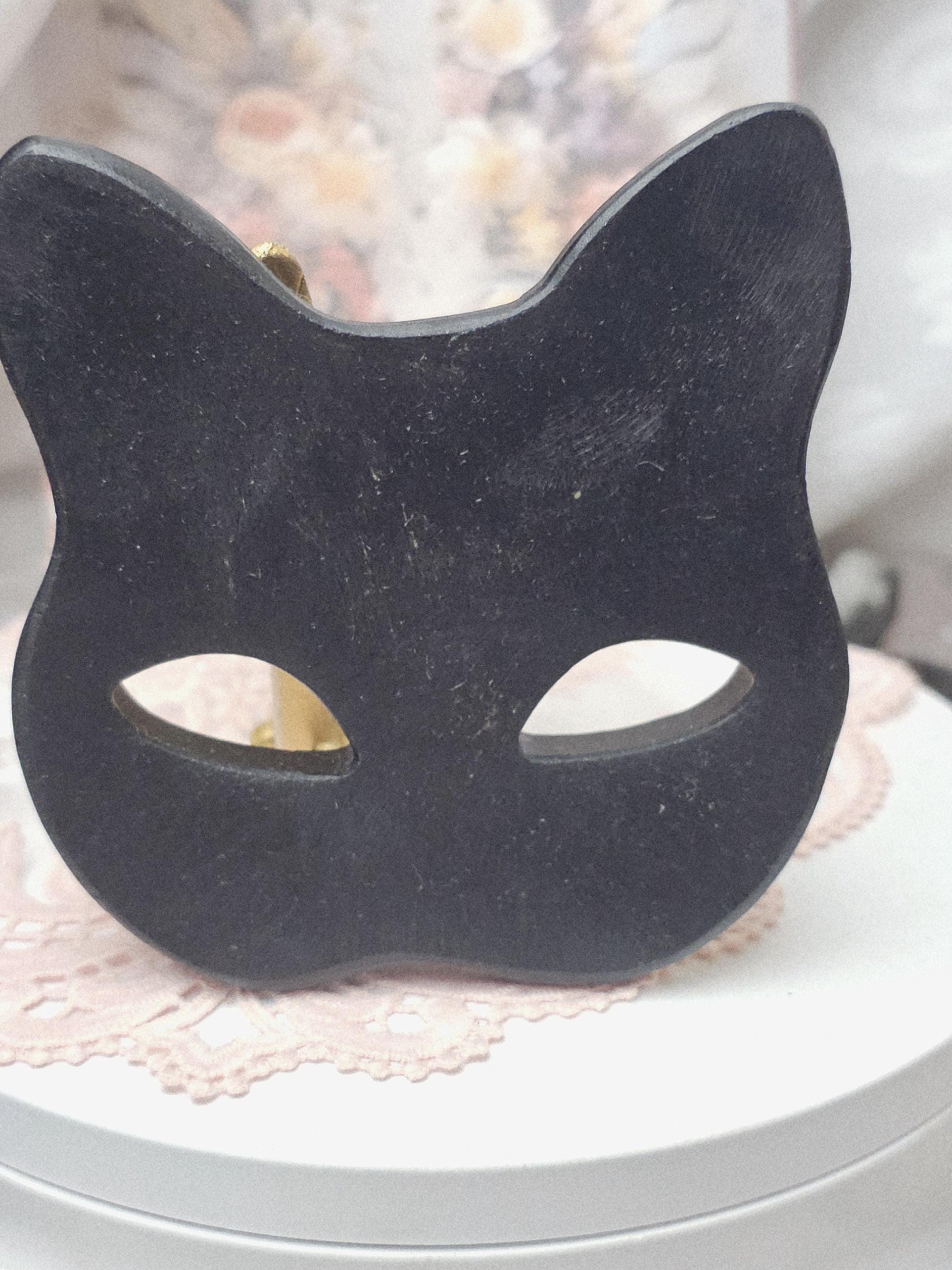 Handmade Black Obsidian Fox Mask, Gold Painted Kitsune