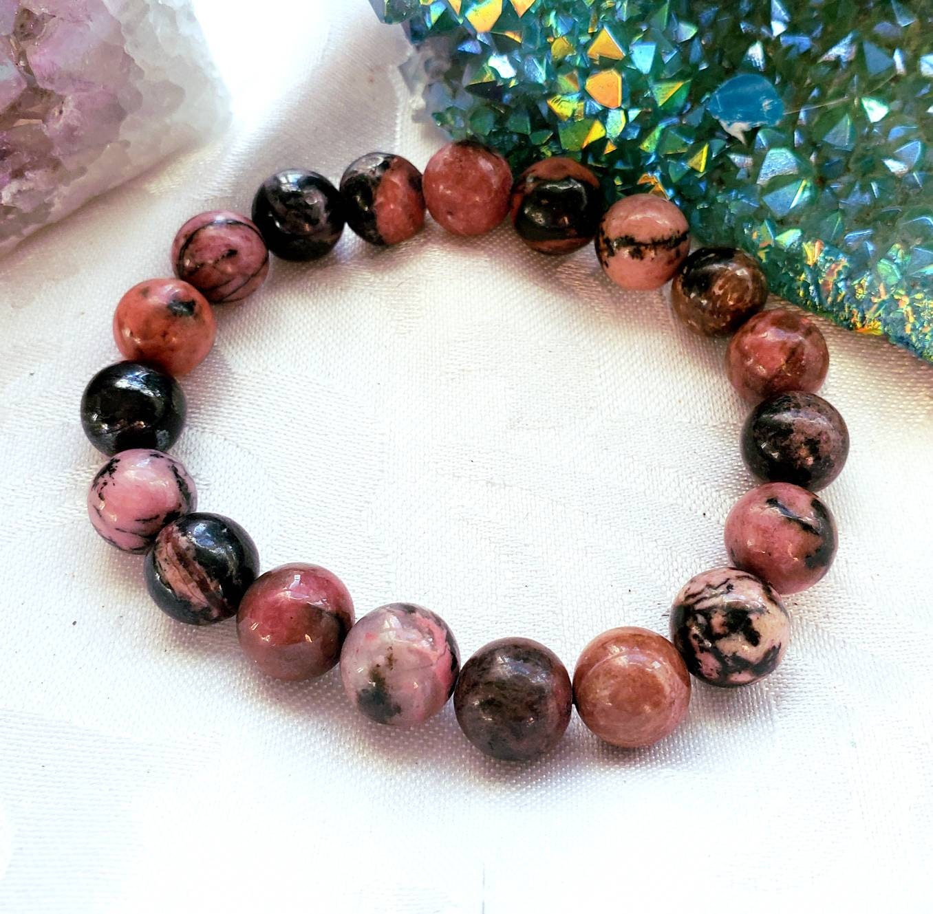 Rhodonite Bracelet 9mm- Round Beads - Birthstone Jewelry, Crystal Bracelet, Beaded Jewelry, Gemstone Bracelet