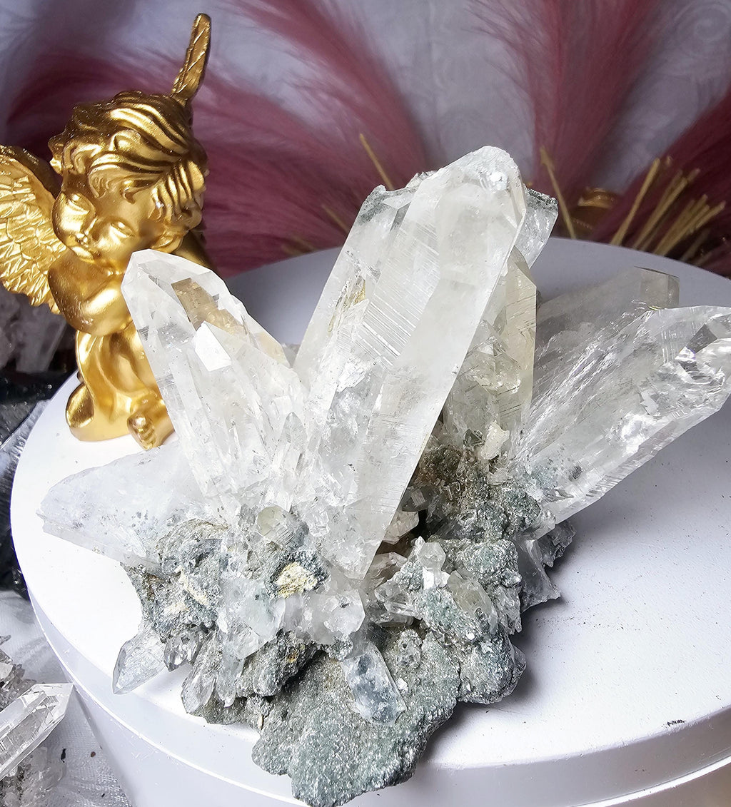 RARE LG  Lemurian Quartz Cluster in Fuschite, Columbia, Crystal Cluster