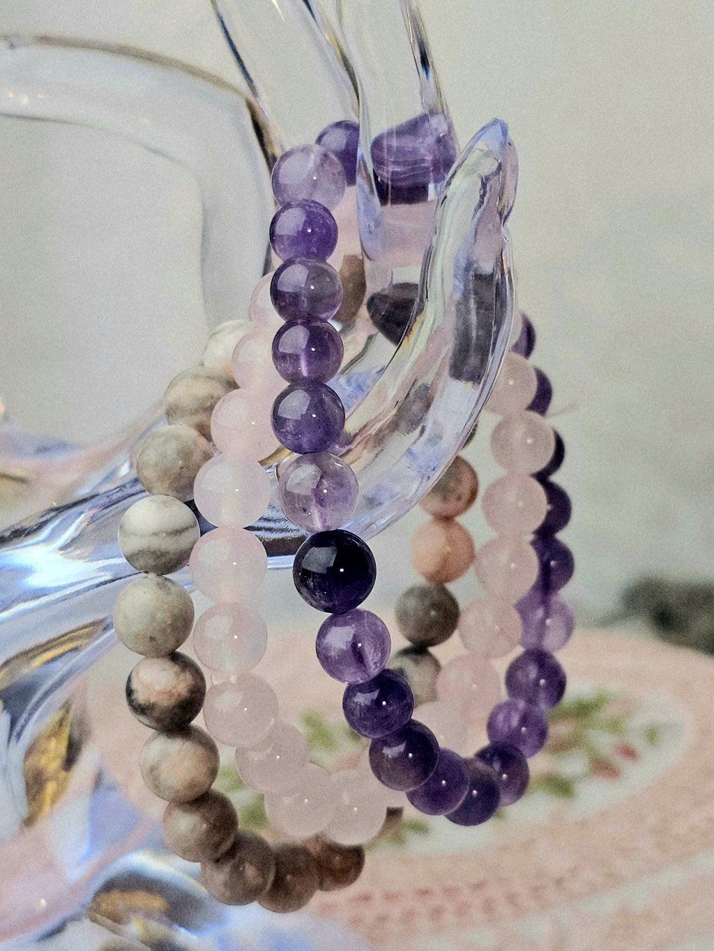 Amethyst & Pink Zebra Jasper Bracelet Set – Reiki Cleansed Gemstones