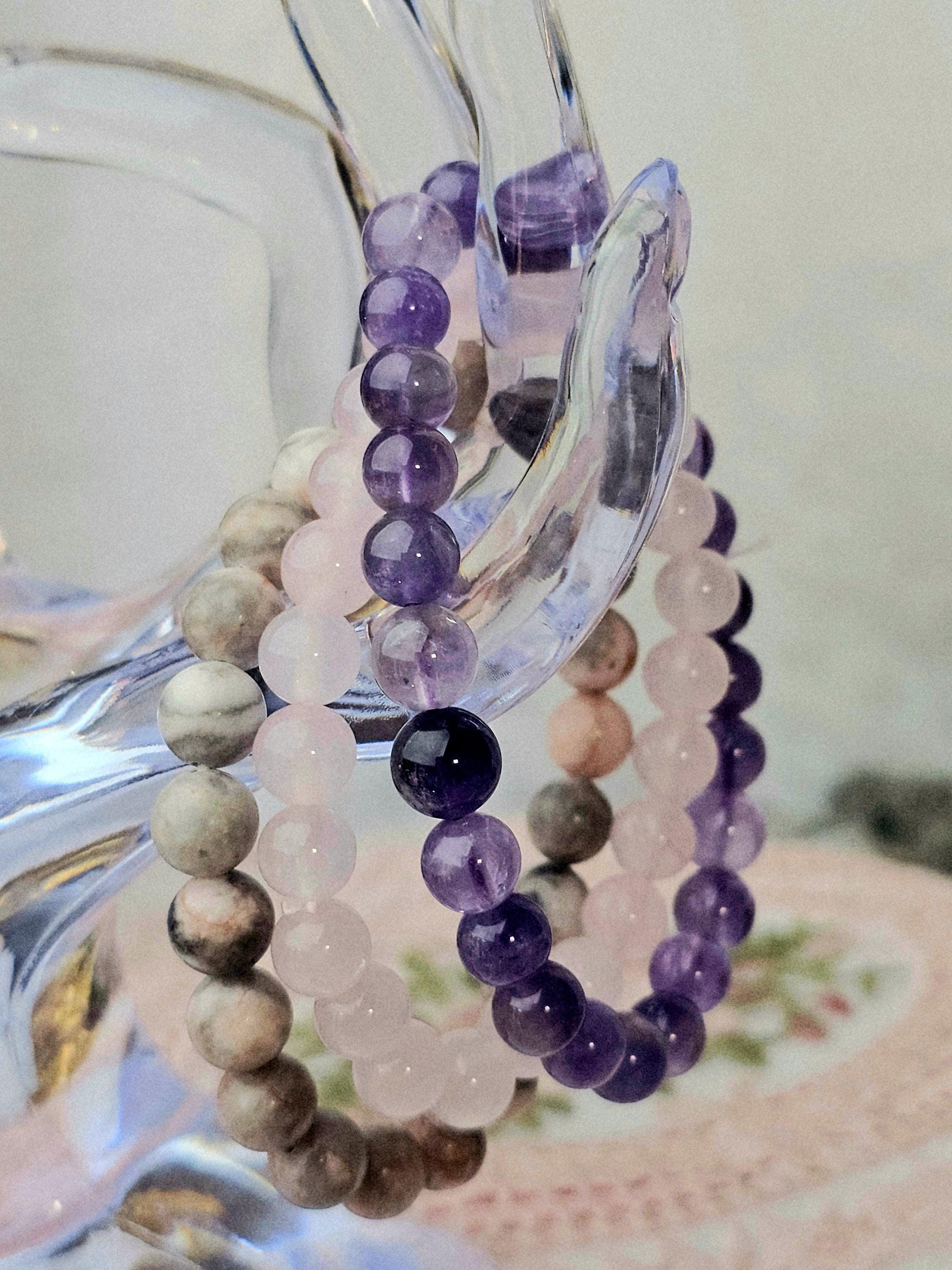 Amethyst & Pink Zebra Jasper Bracelet Set – Reiki Cleansed Gemstones