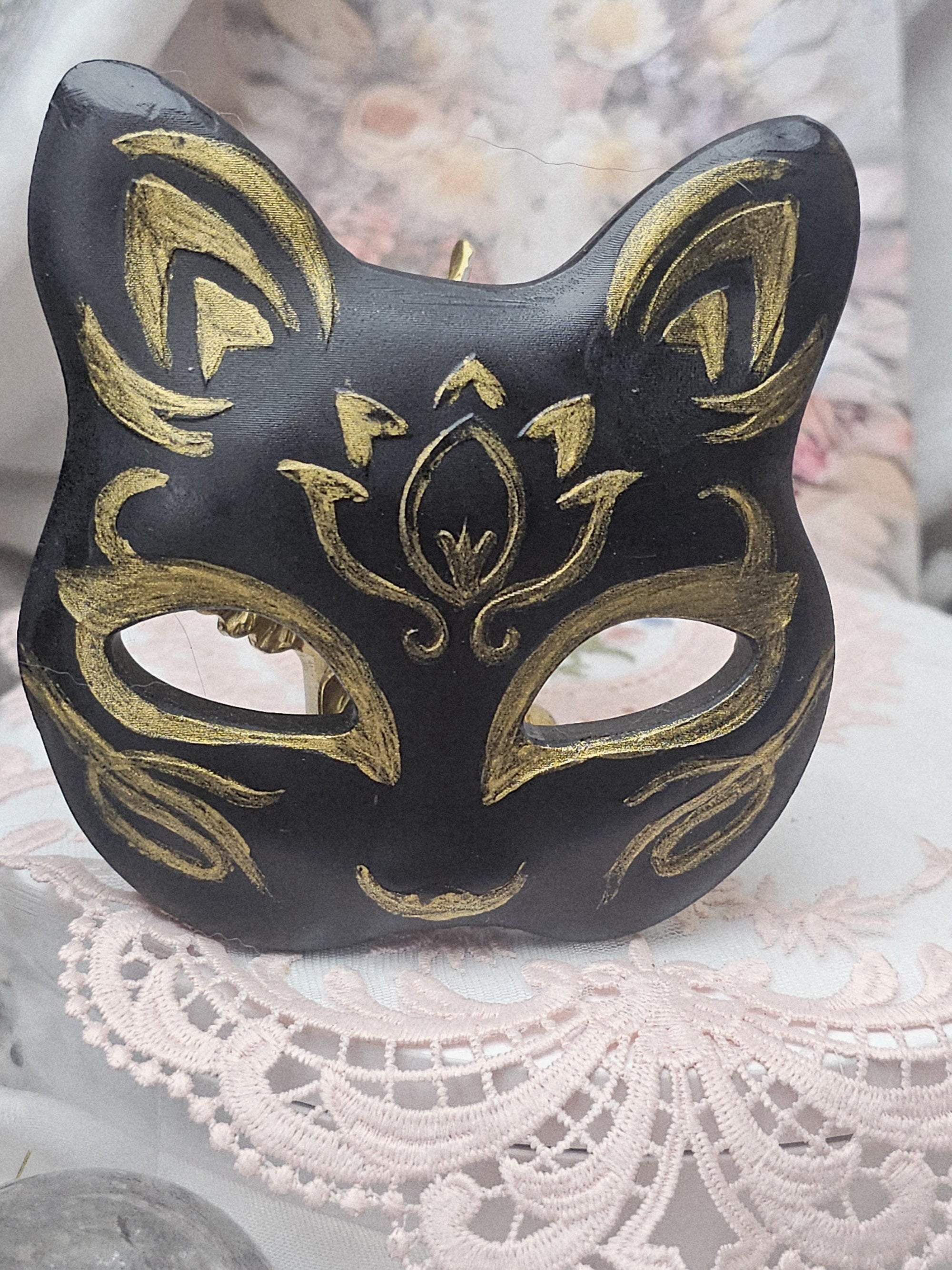 Handmade Black Obsidian Fox Mask, Gold Painted Kitsune