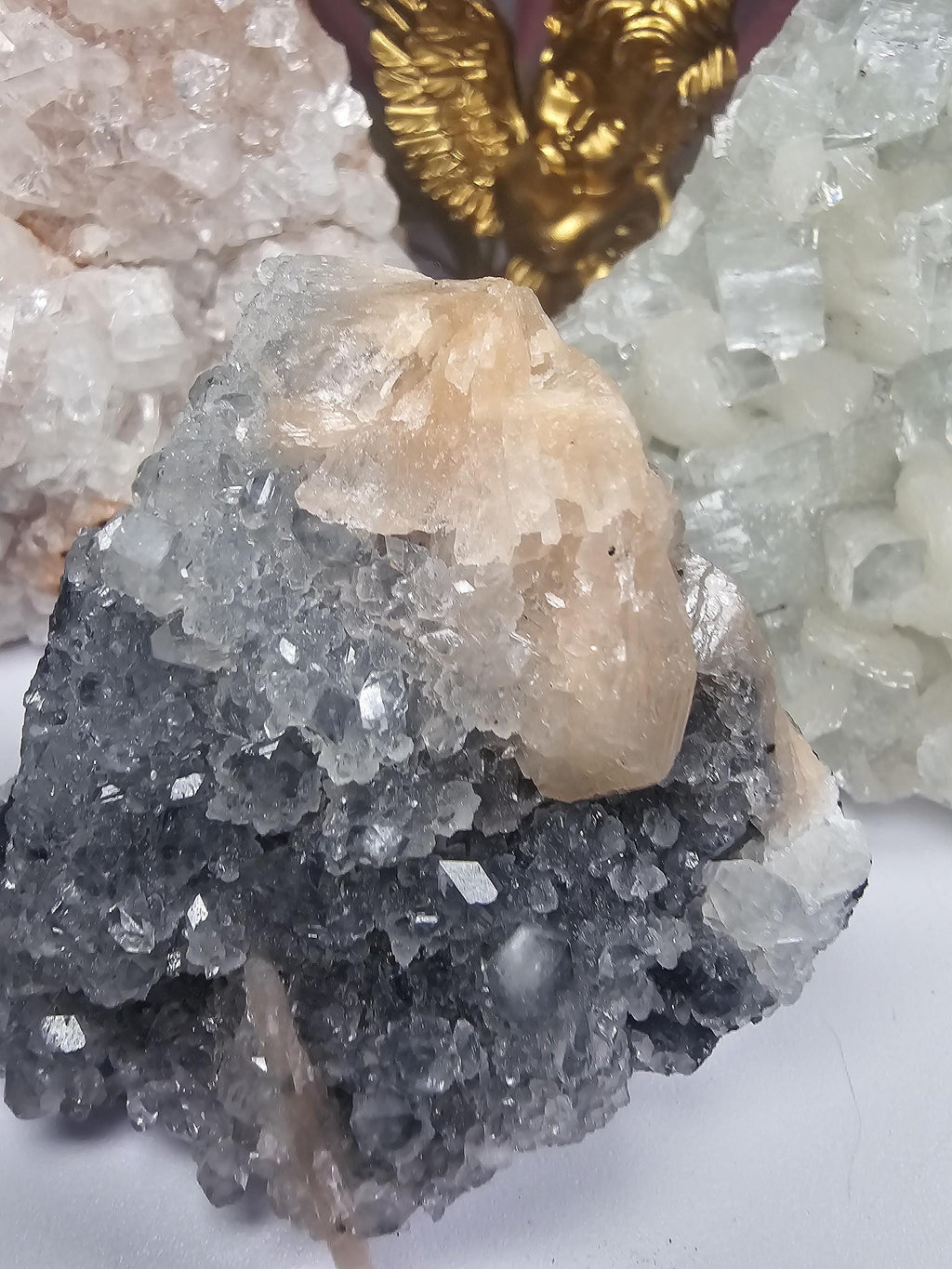 RARE Sugar and Diamond Apophyllite Set with Stillbite from India, Black Apophyllite, Snow White Sugar Apophyllite, Crystal, Crystal Set