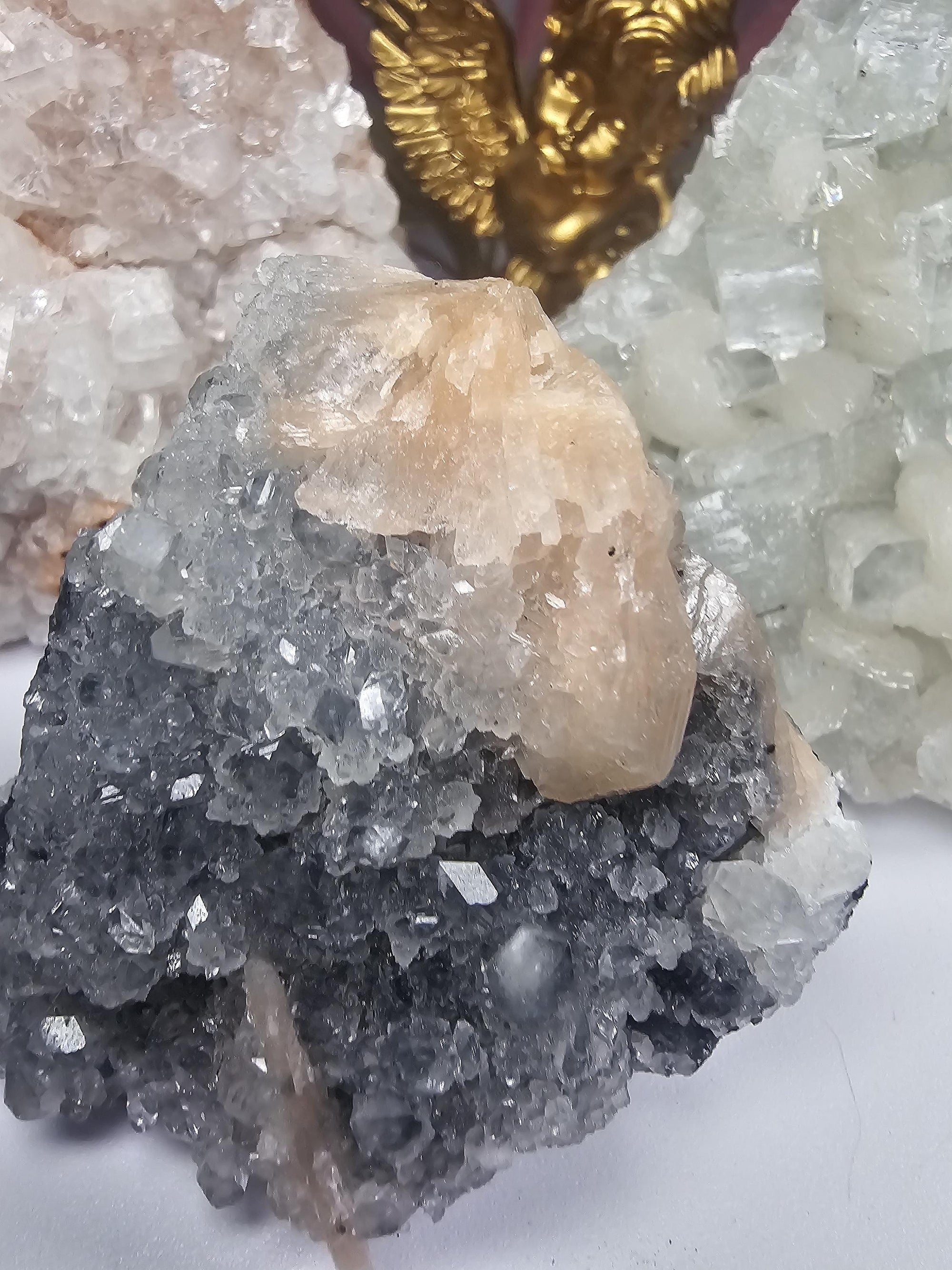 RARE Sugar and Diamond Apophyllite Set with Stillbite from India, Black Apophyllite, Snow White Sugar Apophyllite, Crystal, Crystal Set