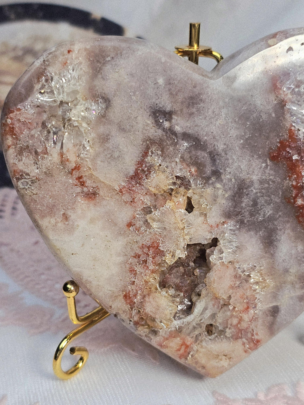 Pink Amethyst Druzy Heart, Brazilian Crystal, Rose Gold Stand