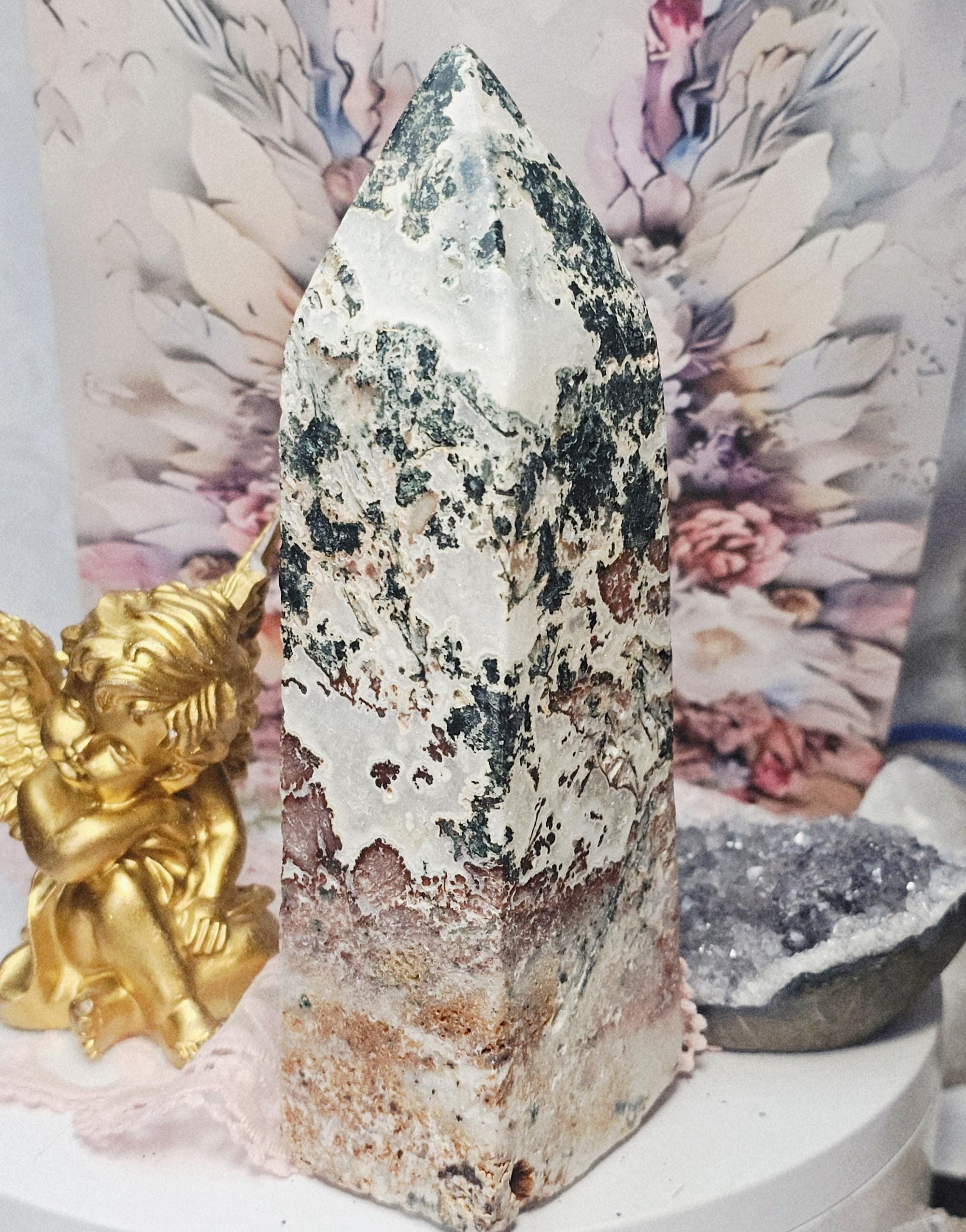 Rare Pink Amethyst Moss Agate Tower, Large Crystal Point, Crystals, Healing crystals, Calming Stone