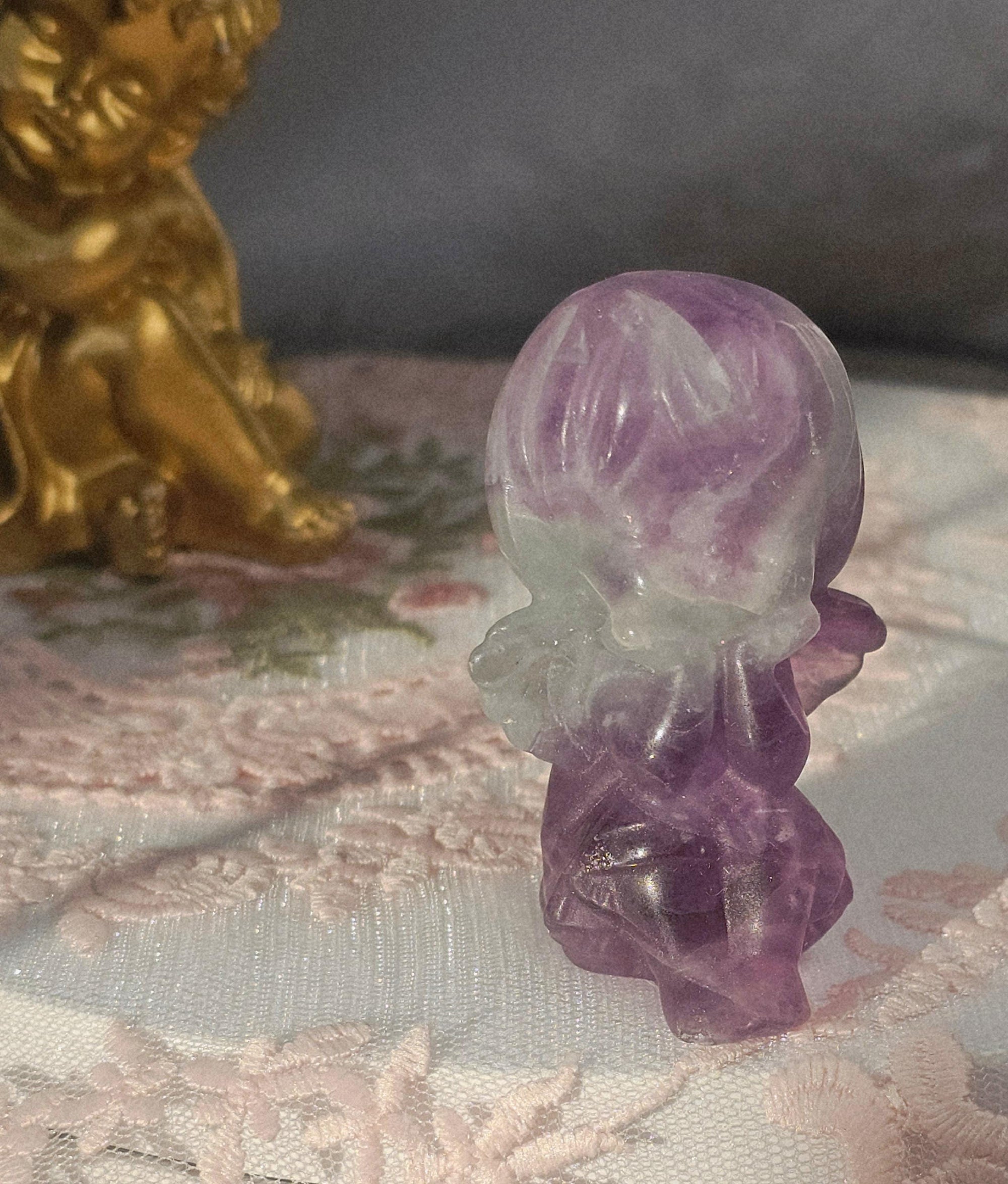 Fluorite Angel Sculpture, Handmade Crystal Figurine