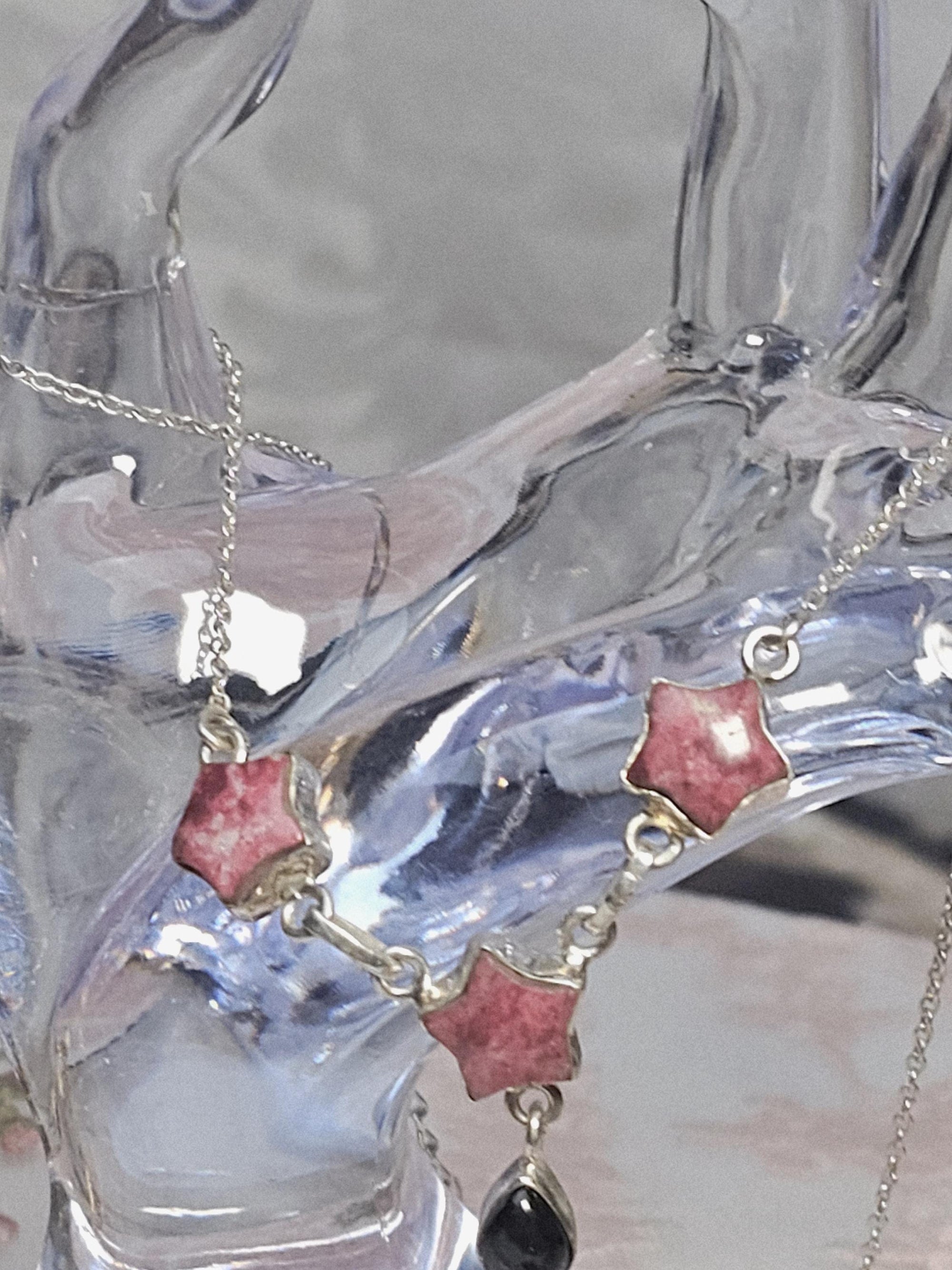 Thulite and Obsidian 925 Silver Necklace, - Birthstone Jewelry, Crystal necklace,  Gemstone Necklace