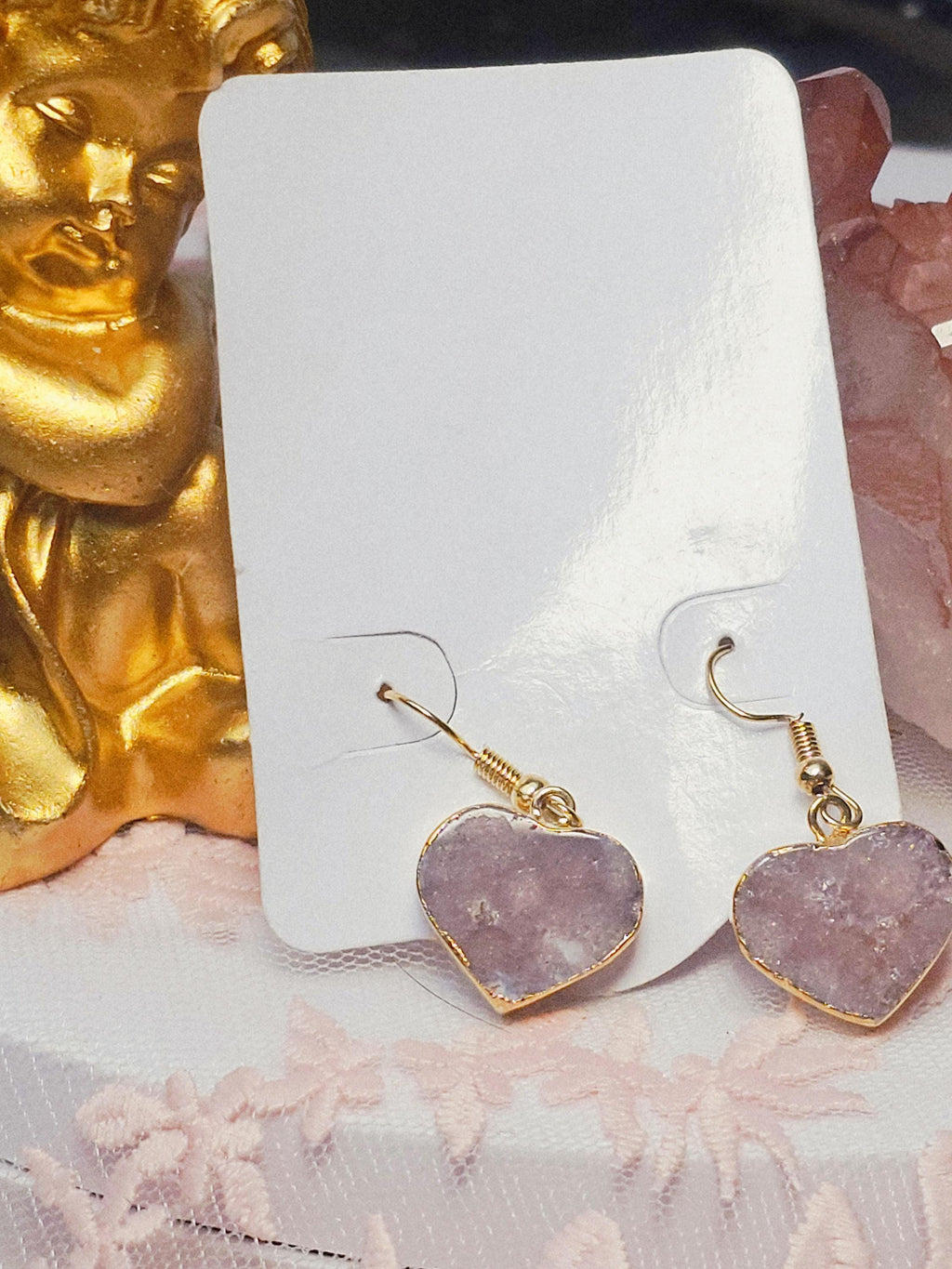 Handmade Pink Amethyst Heart Earrings, Gold Jewelry