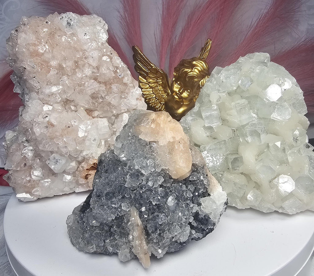 RARE Sugar and Diamond Apophyllite Set with Stillbite from India, Black Apophyllite, Snow White Sugar Apophyllite, Crystal, Crystal Set