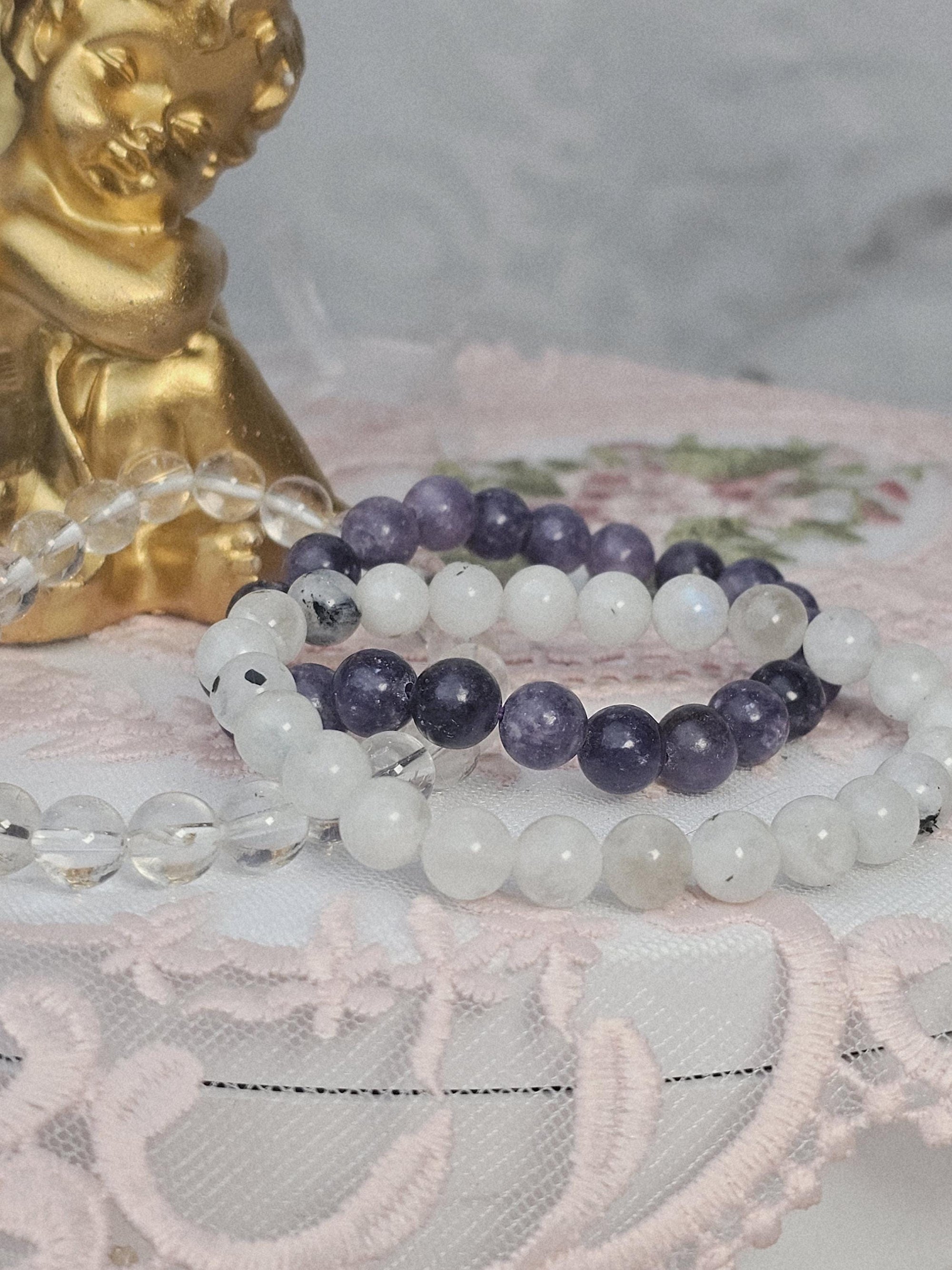 Lepidolite Moonstone Quartz Bracelet Set, Boho Crystal Healing