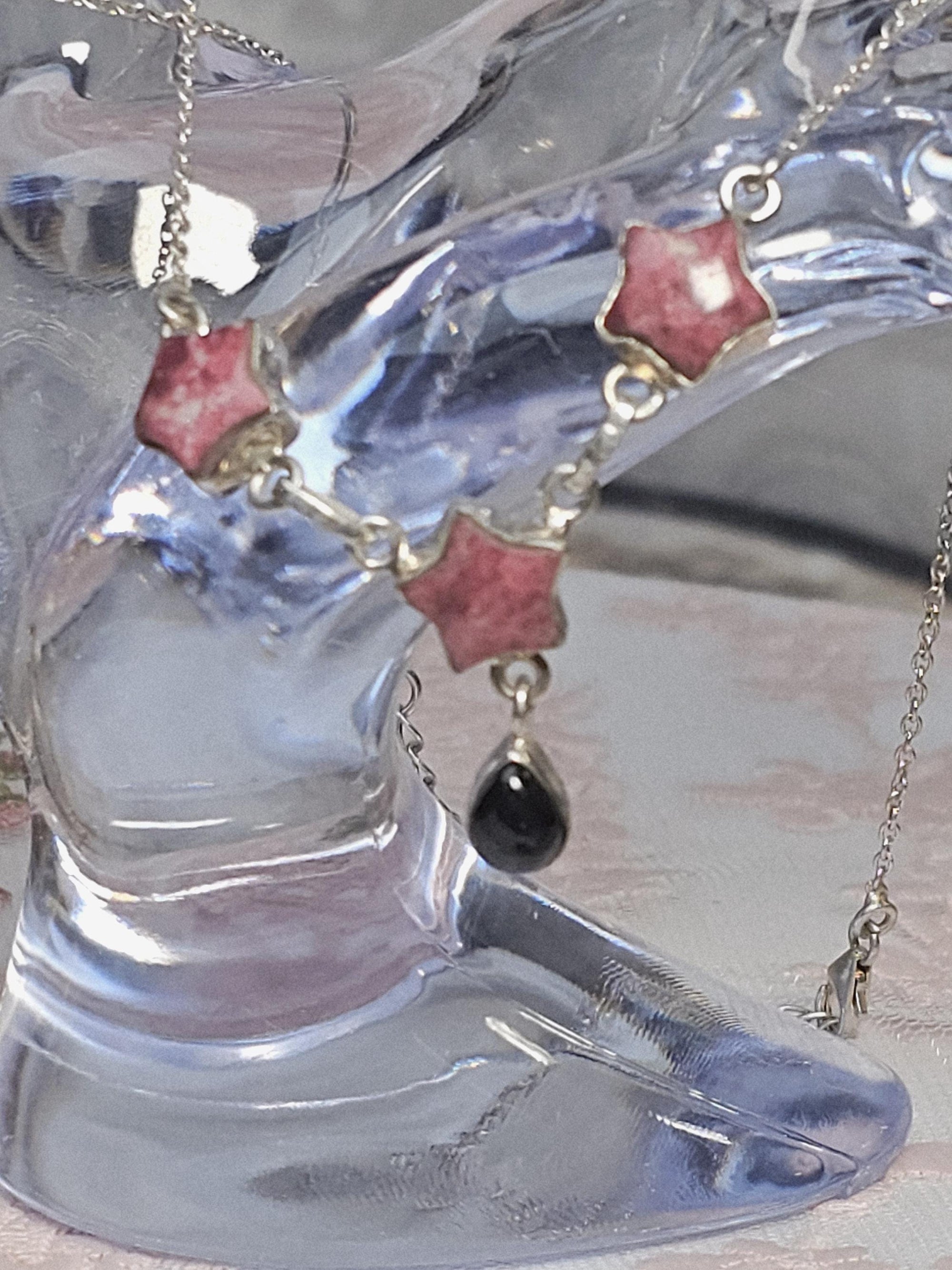 Thulite and Obsidian 925 Silver Necklace, - Birthstone Jewelry, Crystal necklace,  Gemstone Necklace