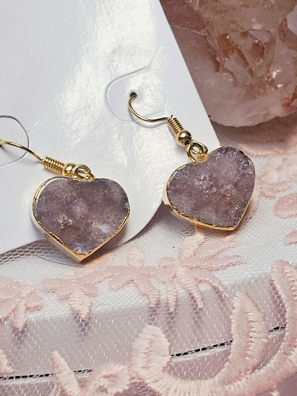 Handmade Pink Amethyst Heart Earrings, Gold Jewelry