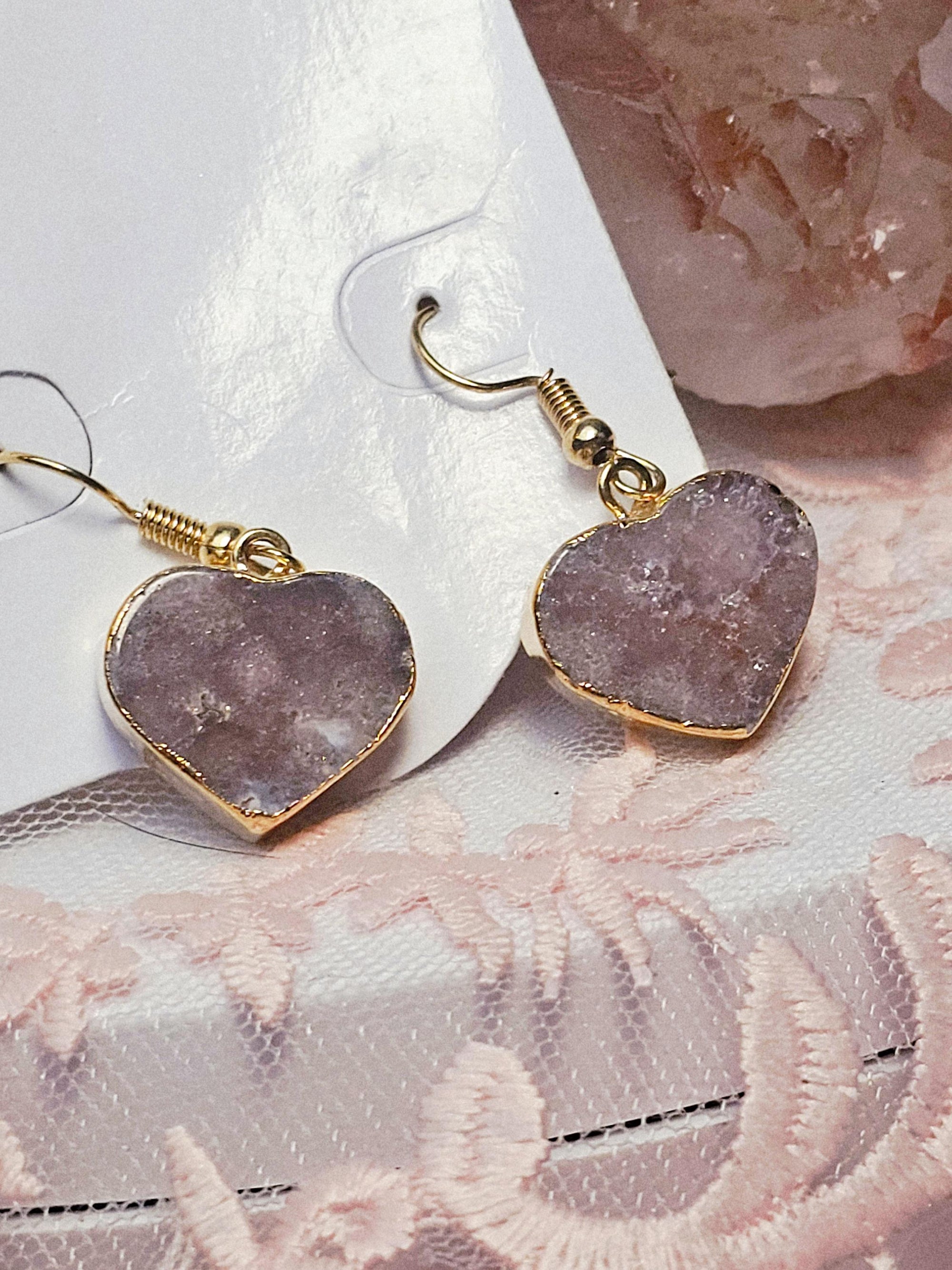 Handmade Pink Amethyst Heart Earrings, Gold Jewelry