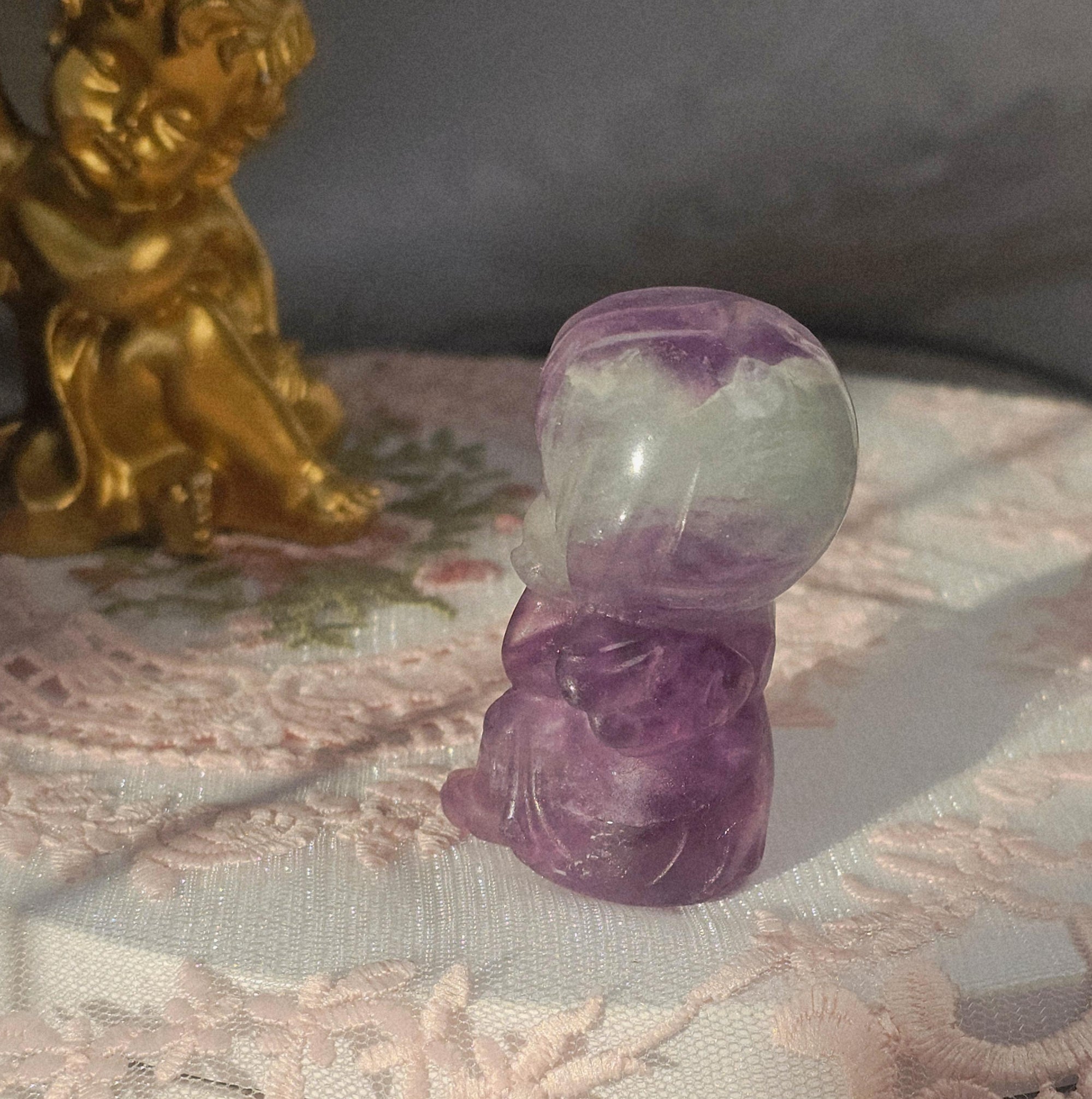 Fluorite Angel Sculpture, Handmade Crystal Figurine