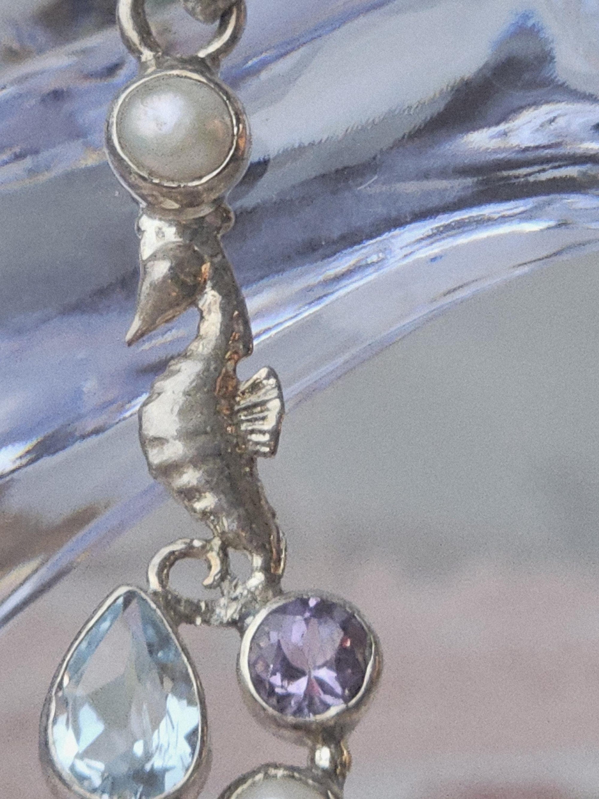 Aquamarine Seahorse 925 Silver Pendant, Amethyst and Pearl