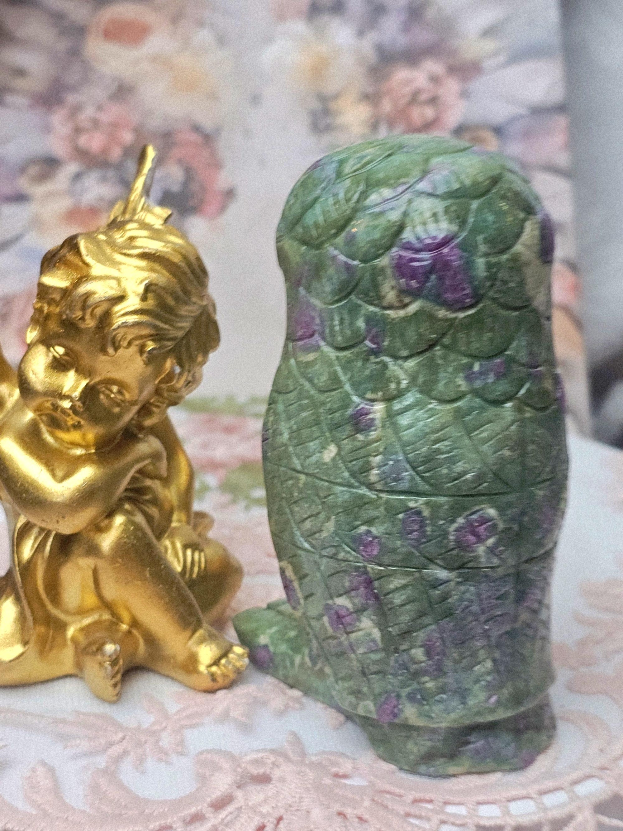 Ruby Fuchsite Owl Carving, Reiki Crystal Decor