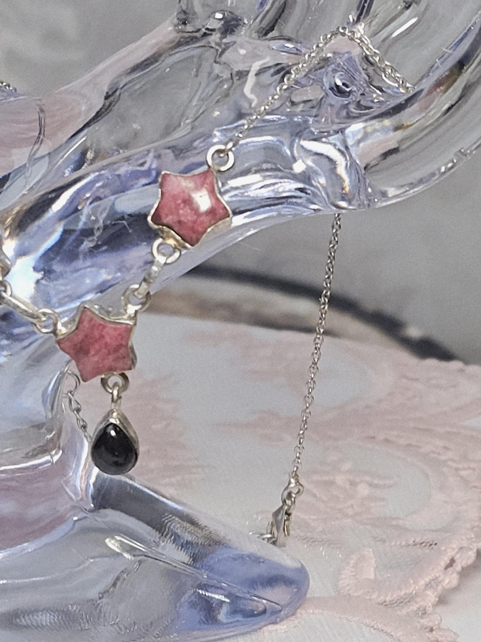 Handmade Thulite Obsidian 925 Silver Star Necklace, Rosaline Zoisite
