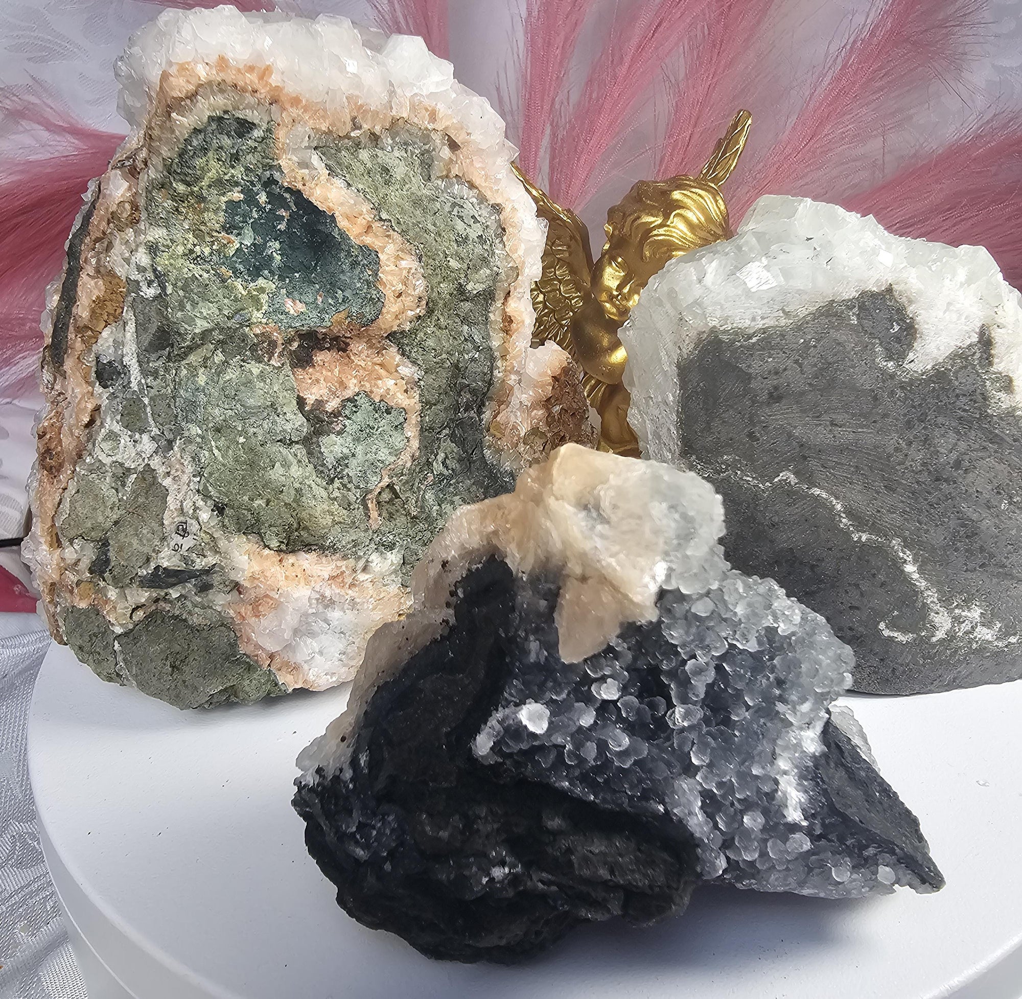 RARE Sugar and Diamond Apophyllite Set with Stillbite from India, Black Apophyllite, Snow White Sugar Apophyllite, Crystal, Crystal Set