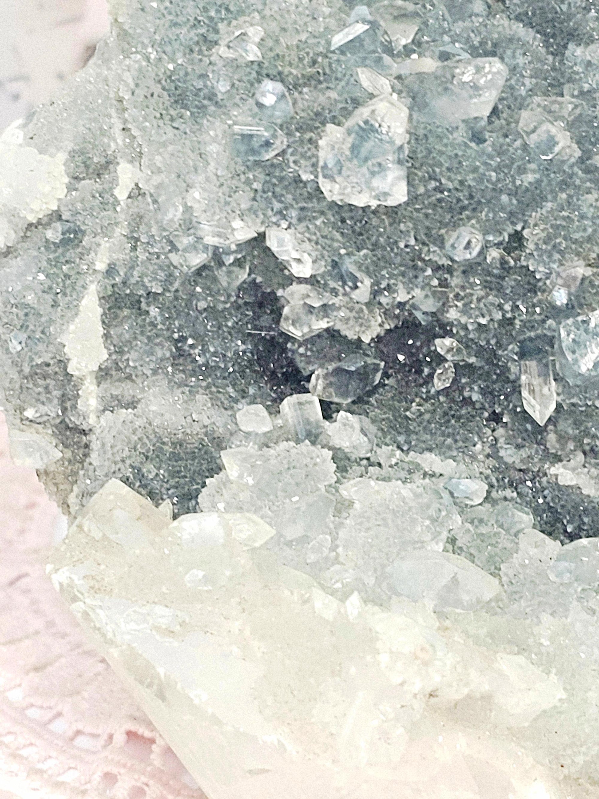 Blue Chalcedony woth Diamond Apophyllite and Calcite from India , Apophyllite, Crystal, Crystal