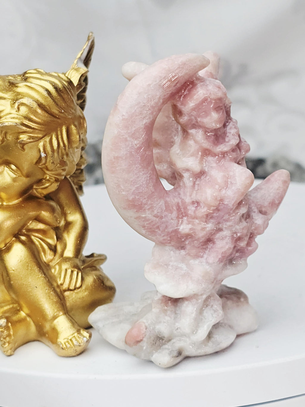 Pink Opal Fairy in a Moon , Pink Opal, Pink Fairy, Crystal Sculpture, Dragon, Fairy