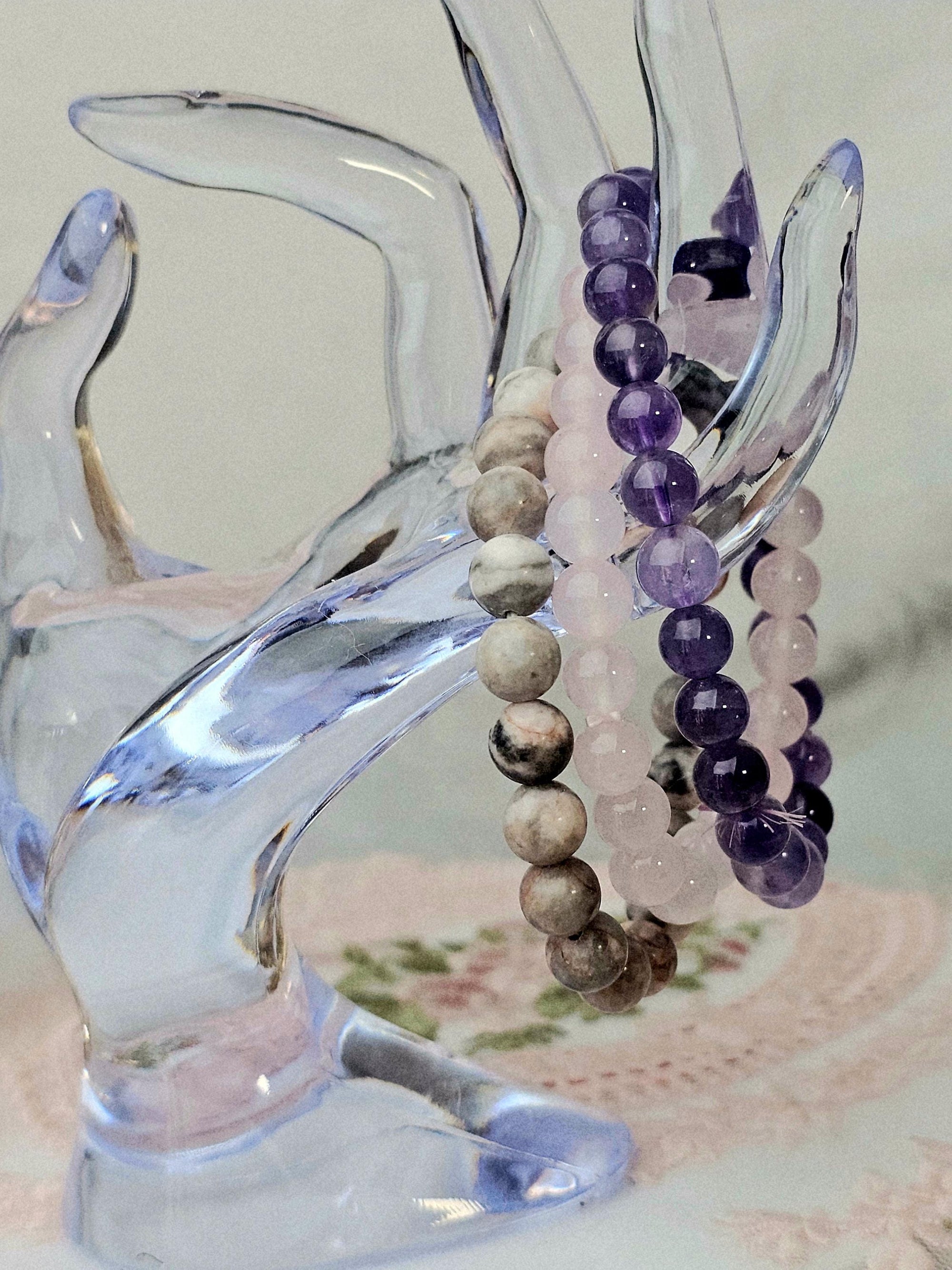 Amethyst & Pink Zebra Jasper Bracelet Set – Reiki Cleansed Gemstones
