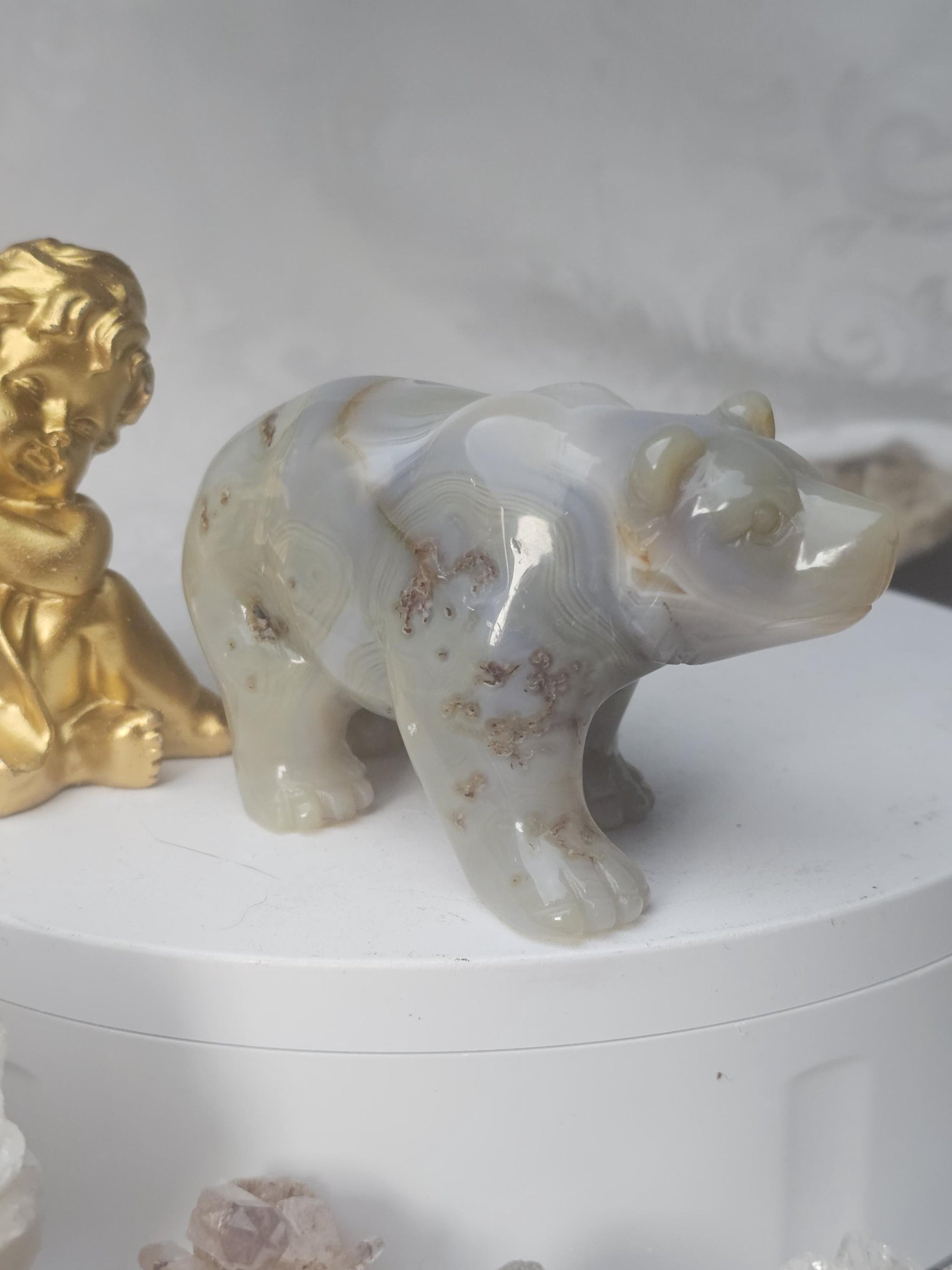 Banded Agate Bear Statue, Druzy Crystal Sculpture, Home Decor
