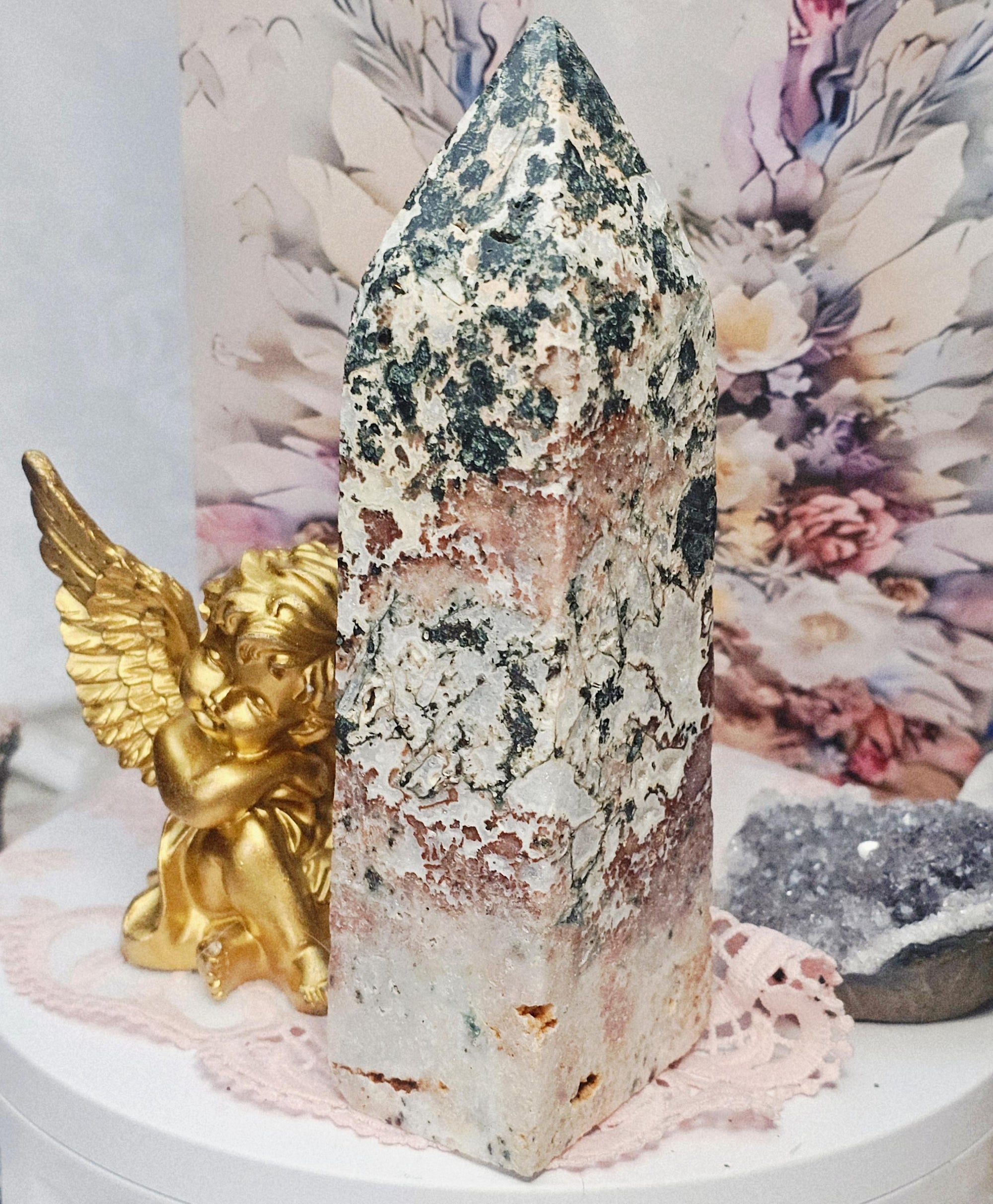 Rare Pink Amethyst Moss Agate Tower, Large Crystal Point, Crystals, Healing crystals, Calming Stone
