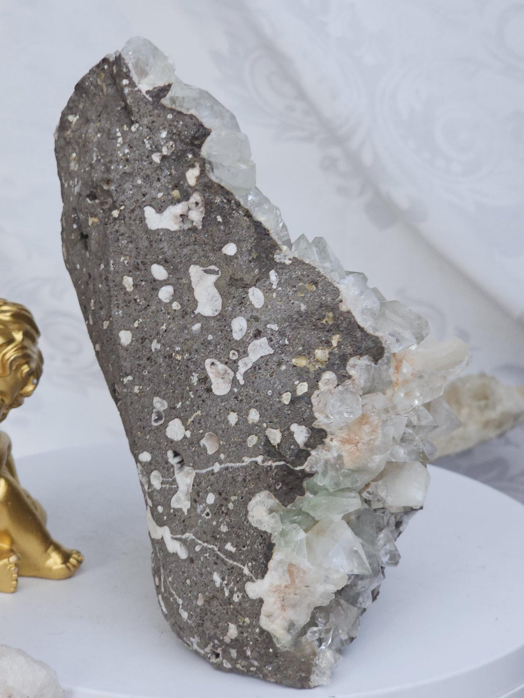 RARE Lg Green and White Diamond Apophyllite with Stillbite from India , Apophyllite, Statement Piece, Crystal