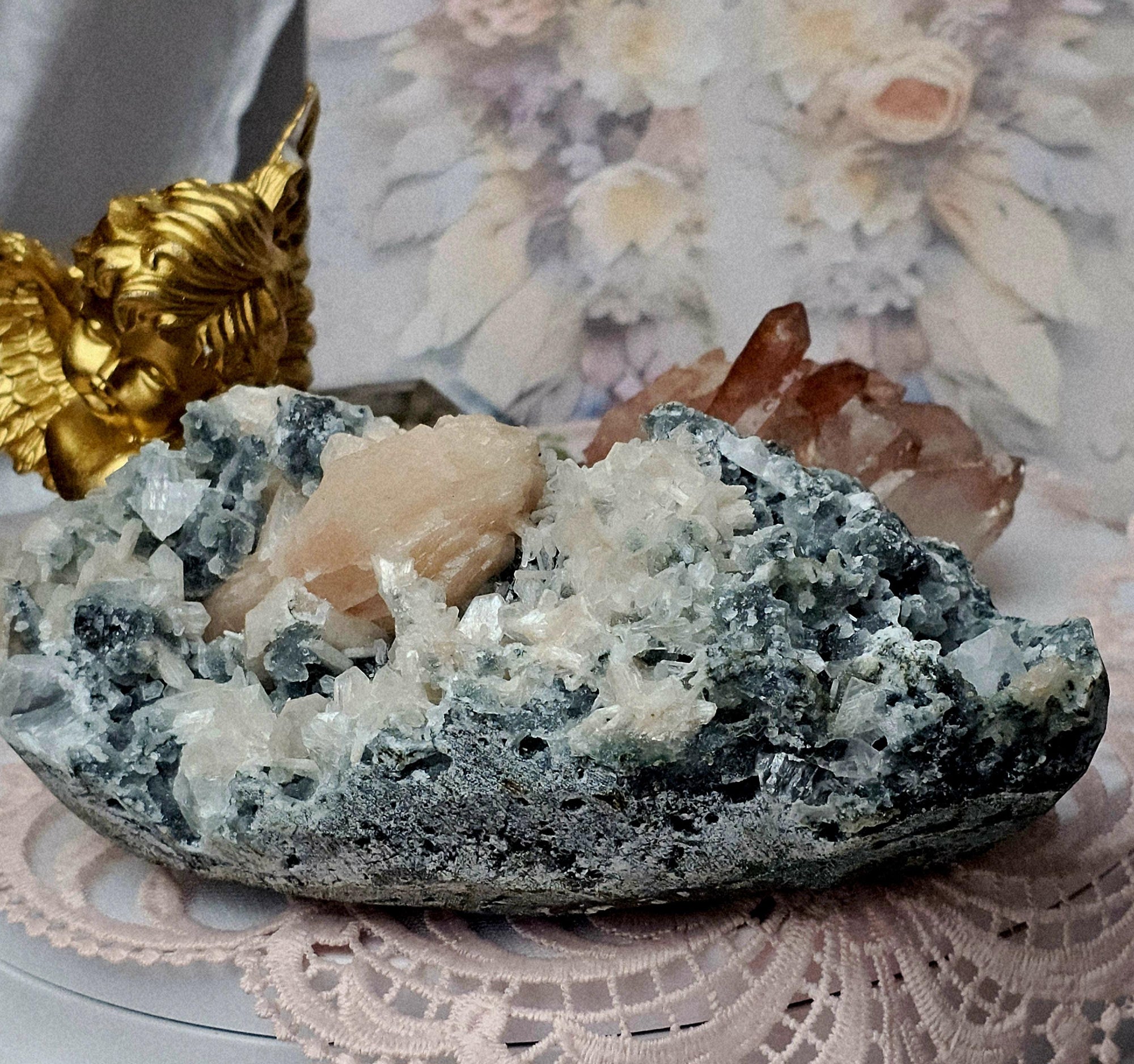 Large Apophyllite Cluster with Green Chalcedony and Stillbite, India
