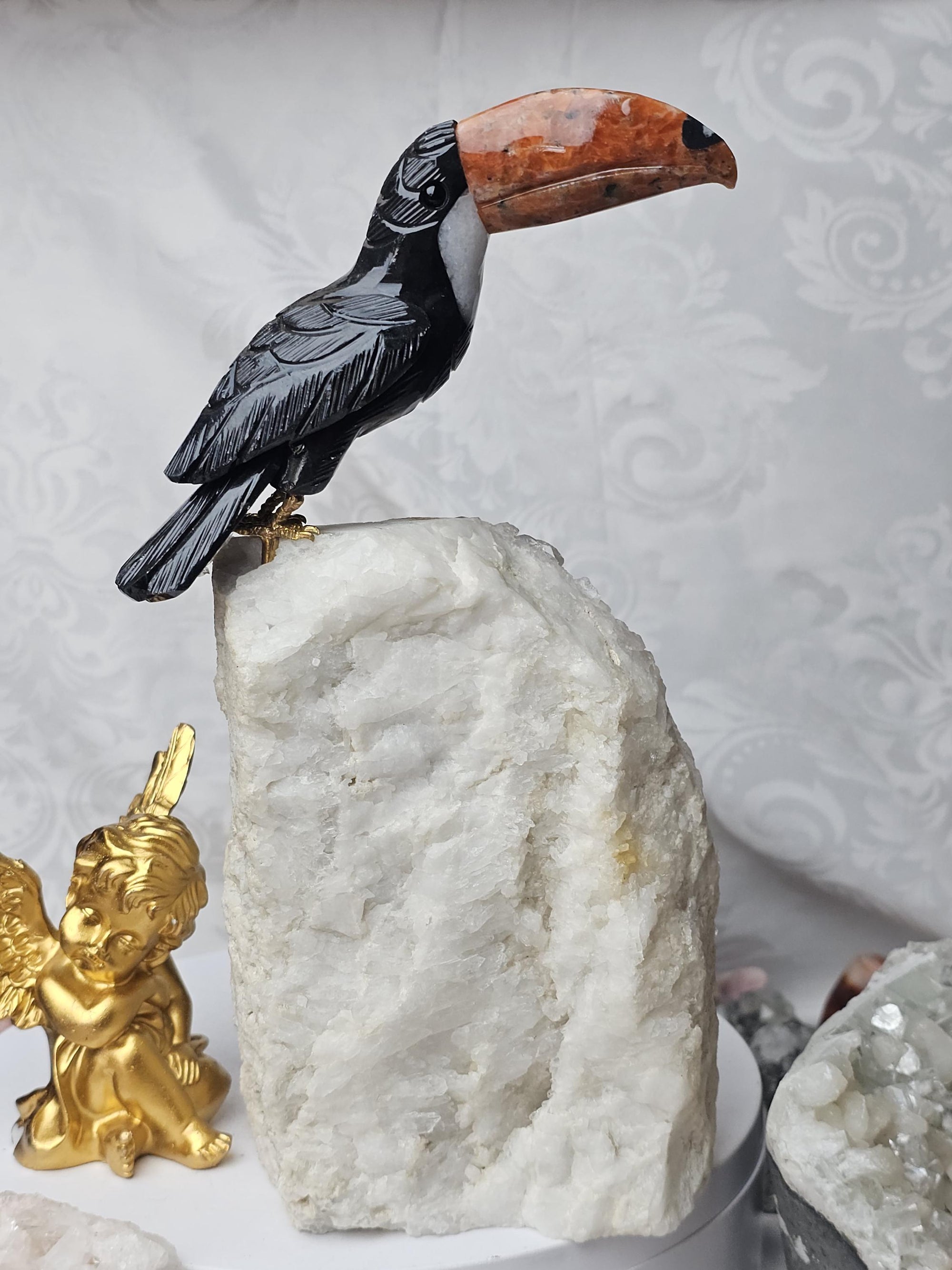 LG Toucan on Quartz Cluster, Obsidian, Sunstone and Quartz Bird, Crystal Bird, Bird Sculpture, Gift
