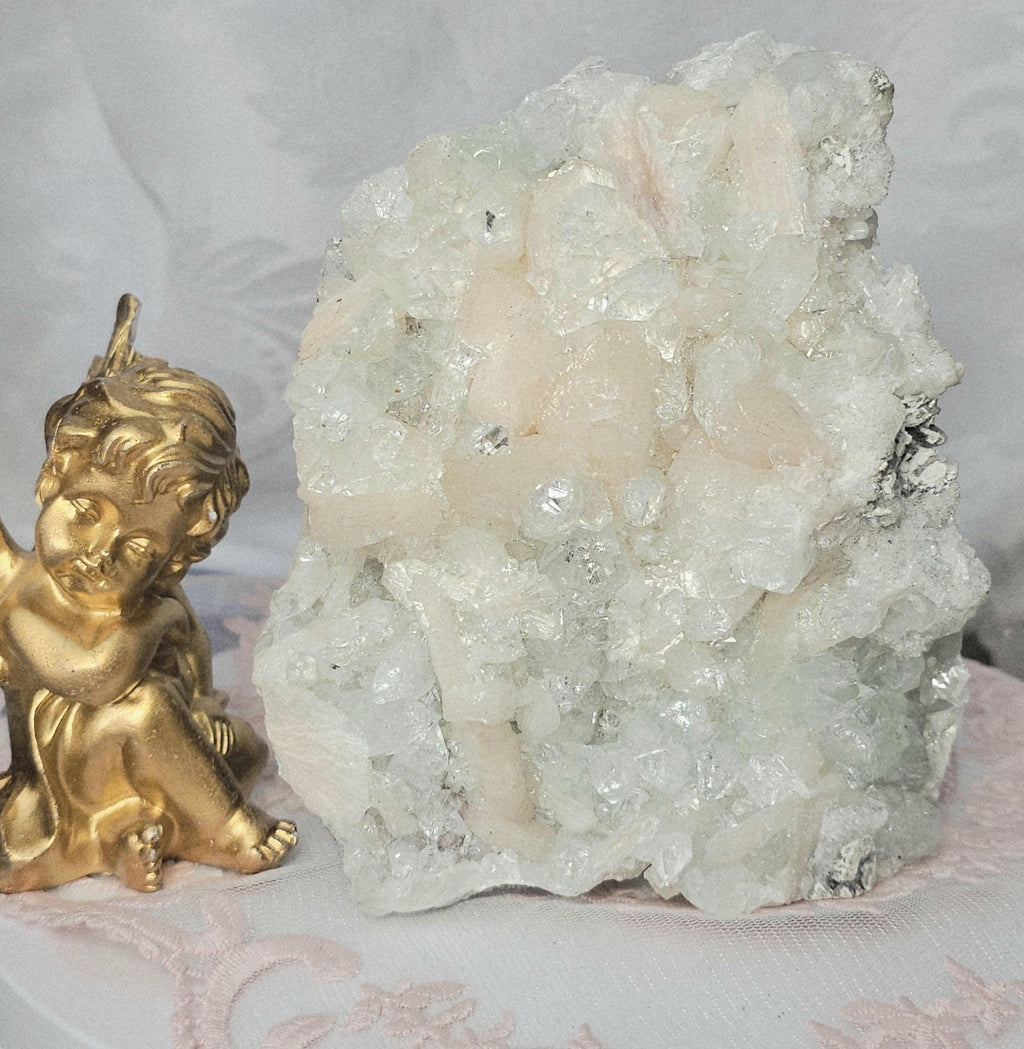 Rare Green Diamond Apophyllite with Stillbite, India Crystal Home Decor