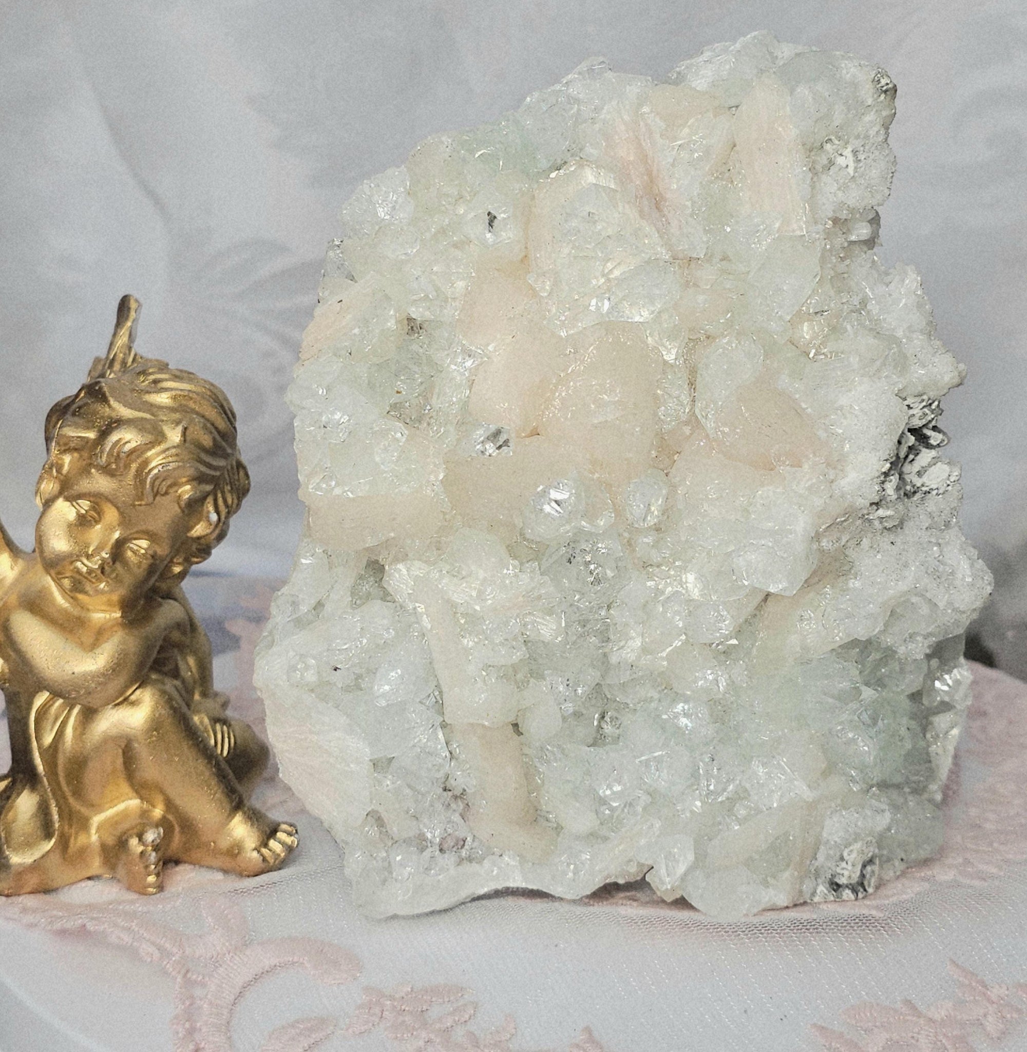Rare Green Diamond Apophyllite with Stillbite, India Crystal Home Decor