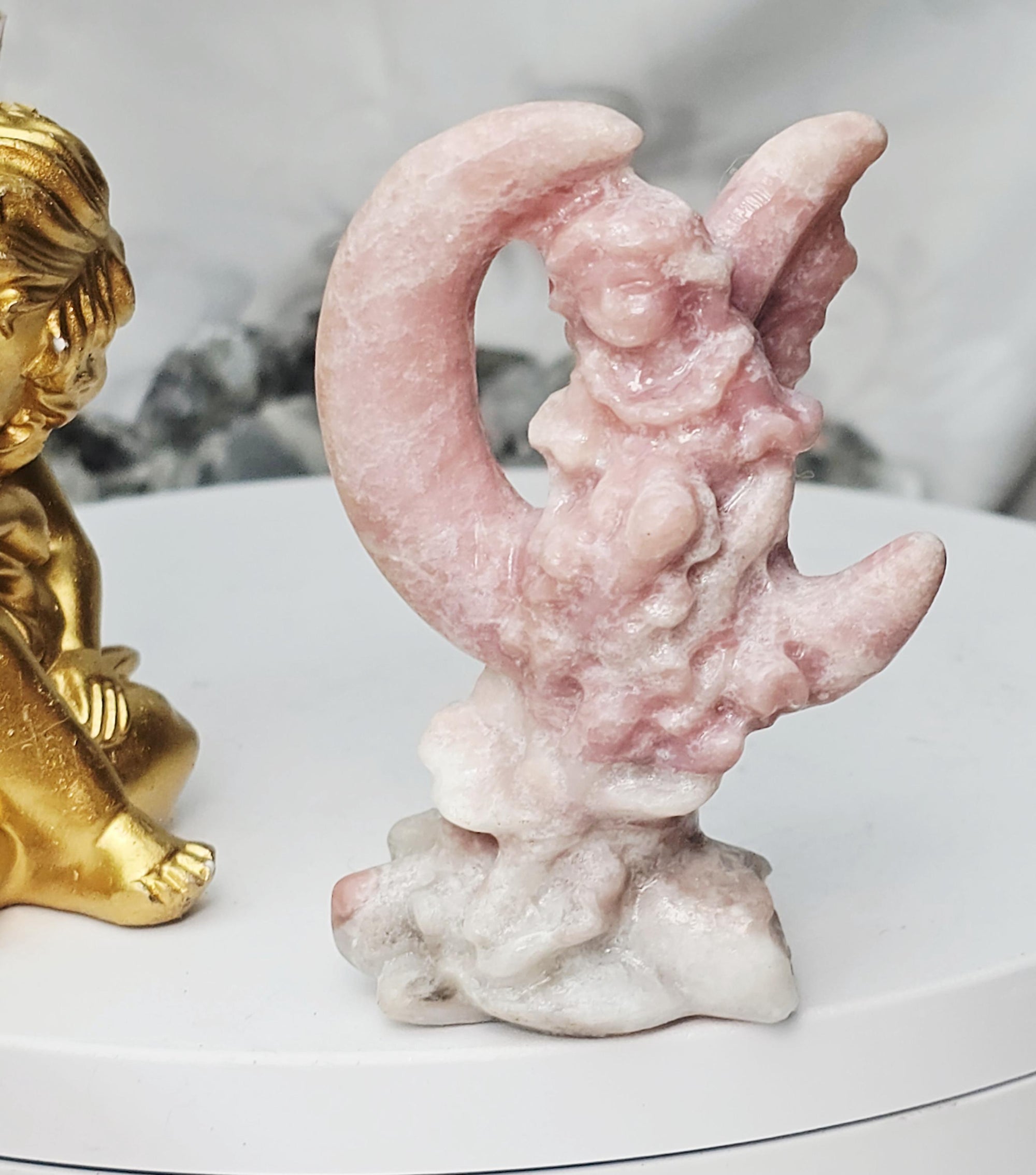 Pink Opal Fairy in a Moon , Pink Opal, Pink Fairy, Crystal Sculpture, Dragon, Fairy