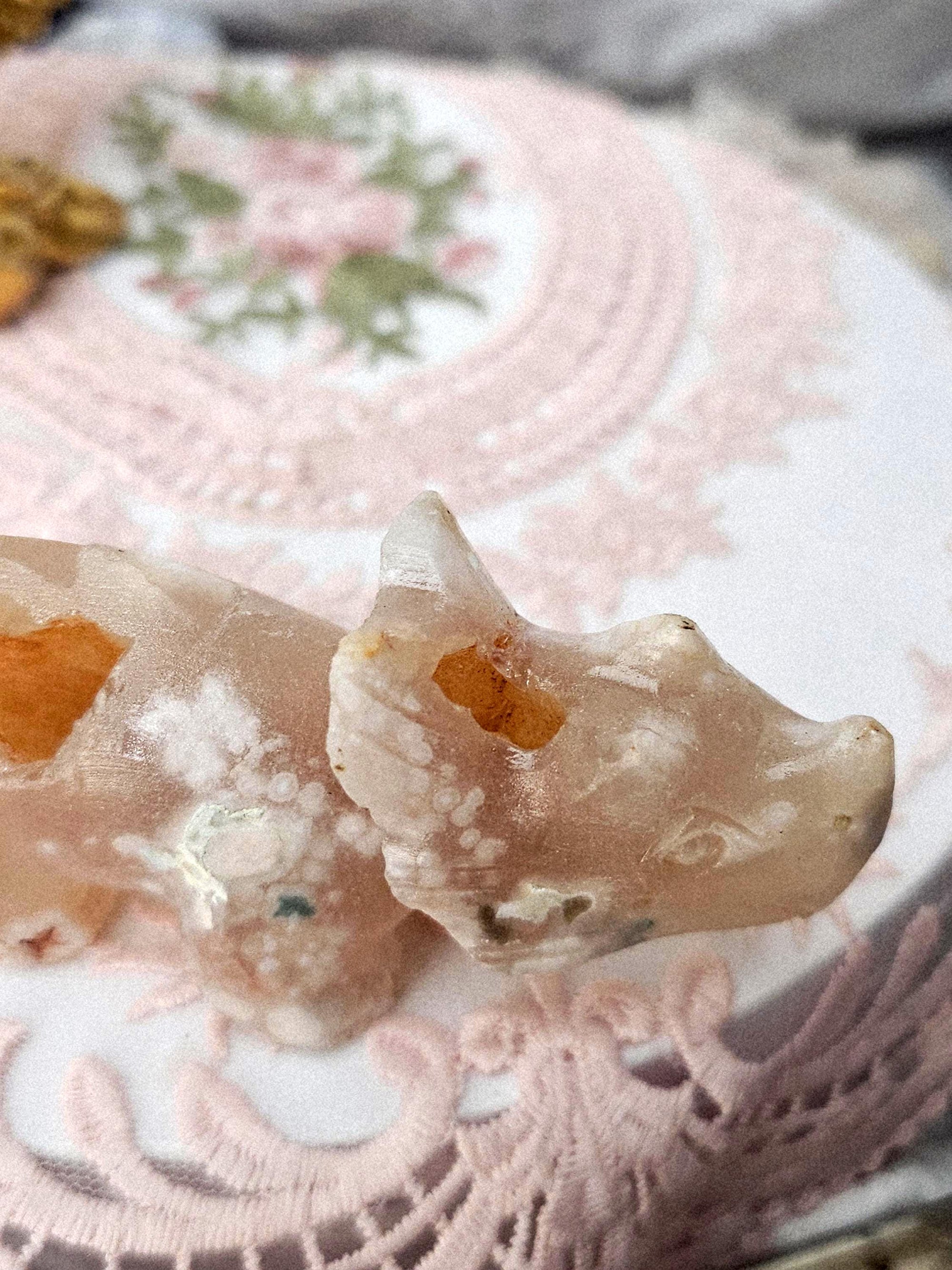 Flower Agate Dinosaur Carving, Druzy Crystal Sculpture