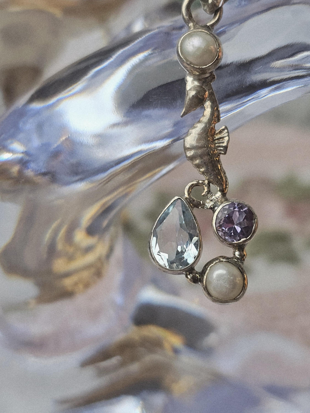 Aquamarine Seahorse 925 Silver Pendant, Amethyst and Pearl