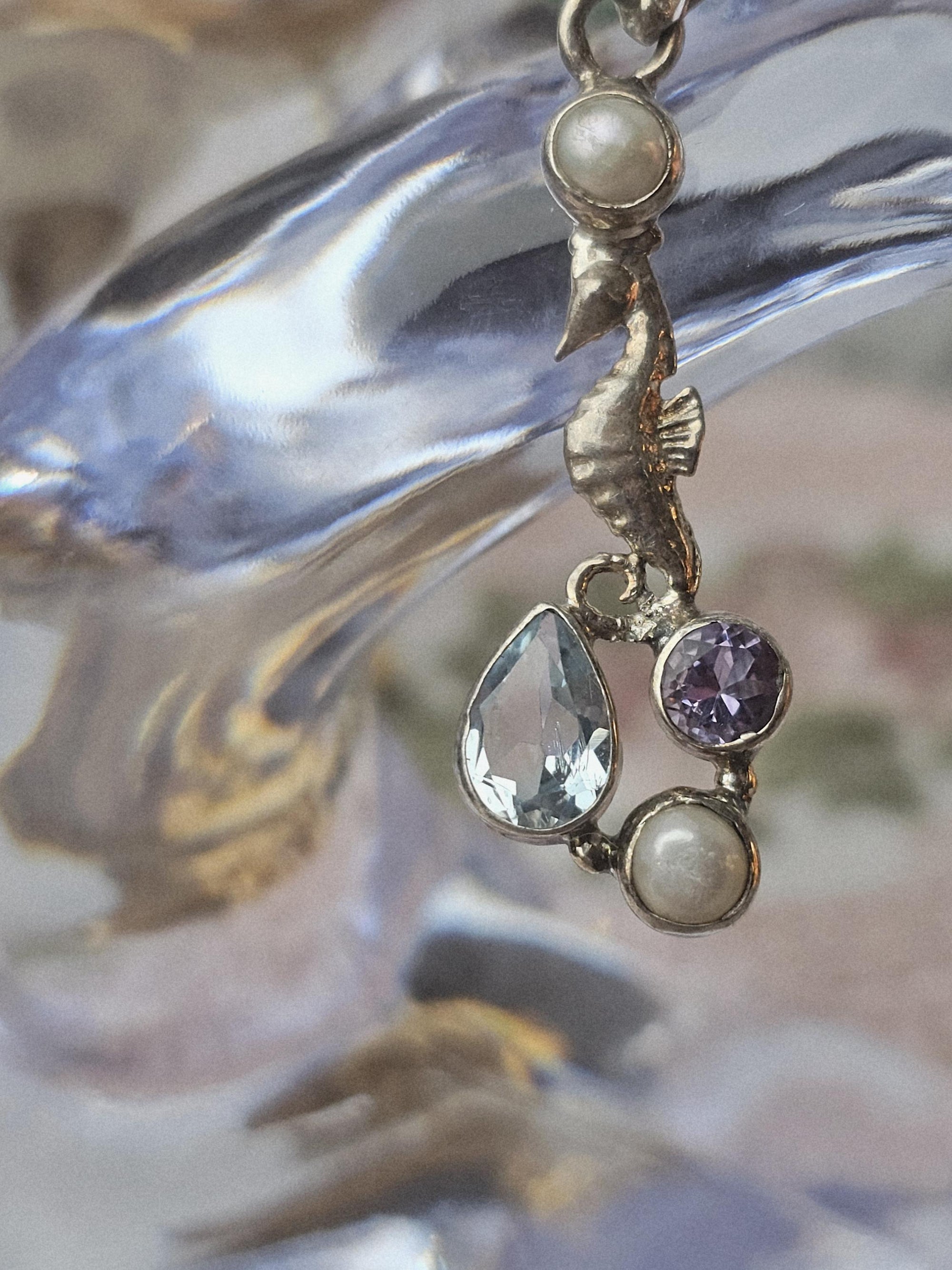 Aquamarine Seahorse 925 Silver Pendant, Amethyst and Pearl