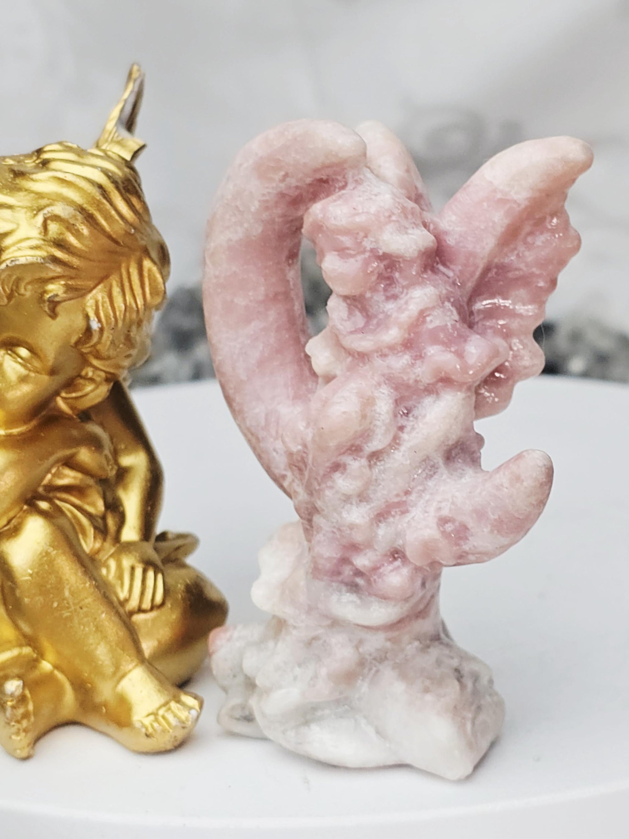 Pink Opal Fairy in a Moon , Pink Opal, Pink Fairy, Crystal Sculpture, Dragon, Fairy
