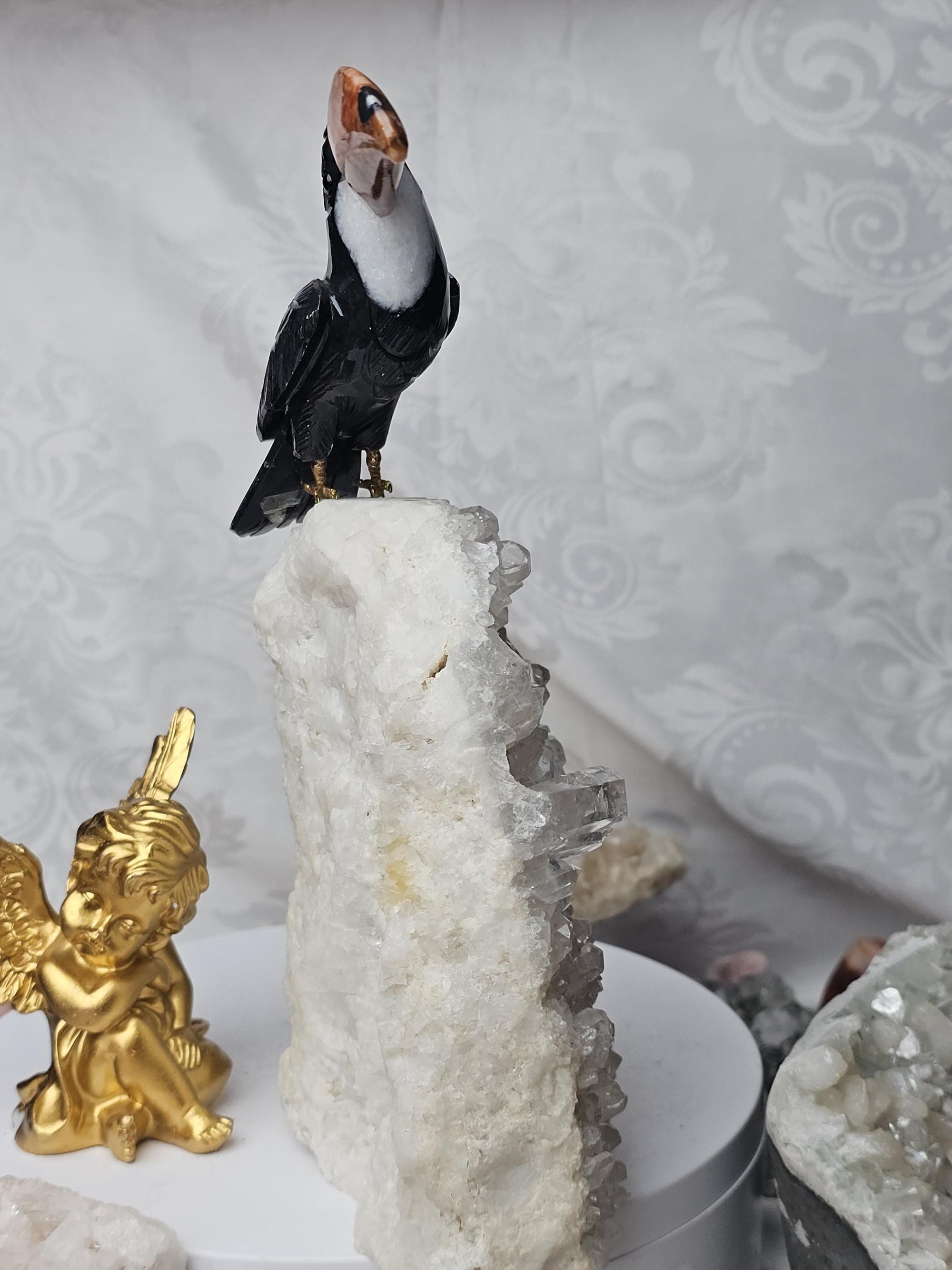 LG Toucan on Quartz Cluster, Obsidian, Sunstone and Quartz Bird, Crystal Bird, Bird Sculpture, Gift