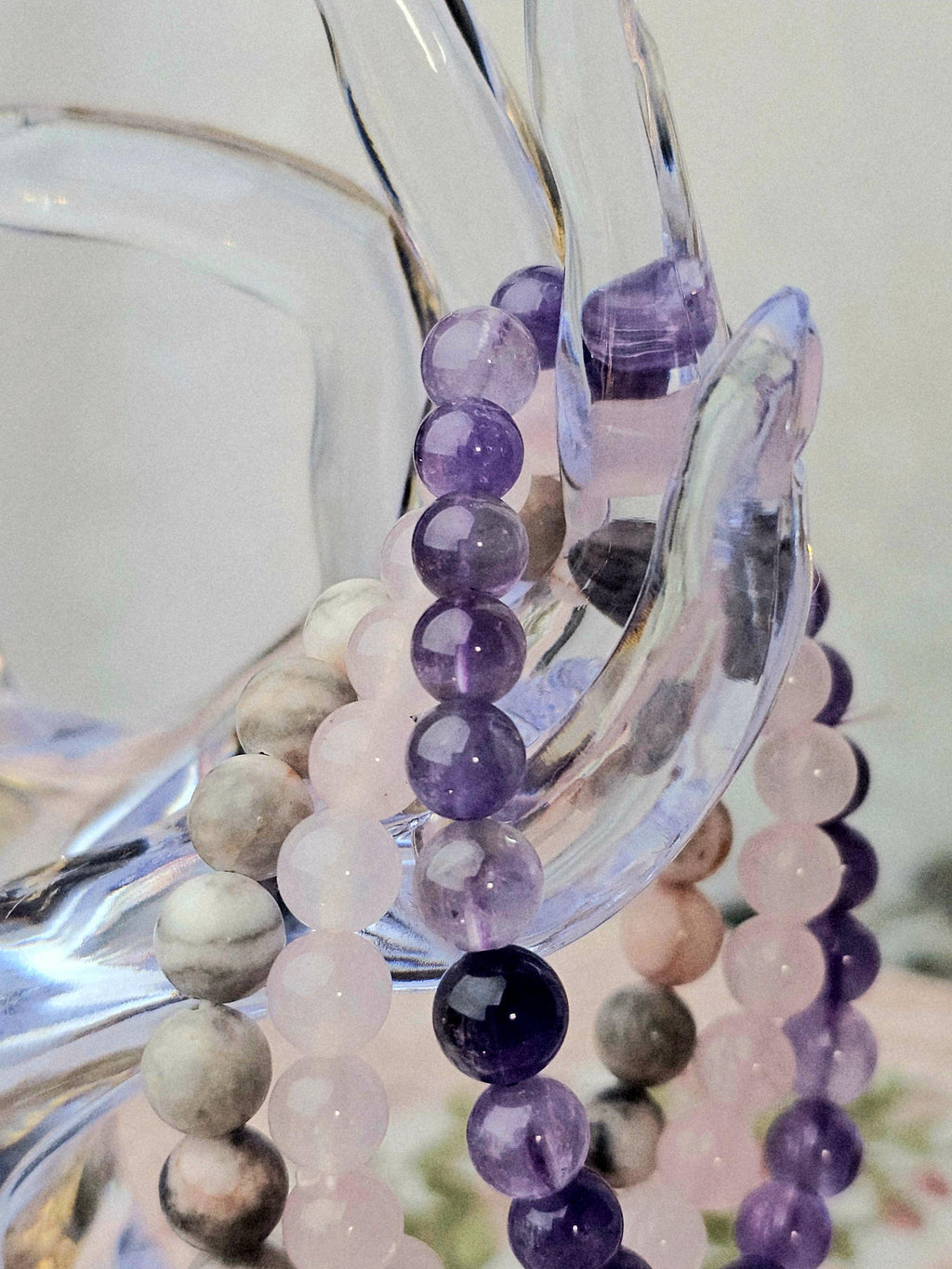 Amethyst & Pink Zebra Jasper Bracelet Set – Reiki Cleansed Gemstones