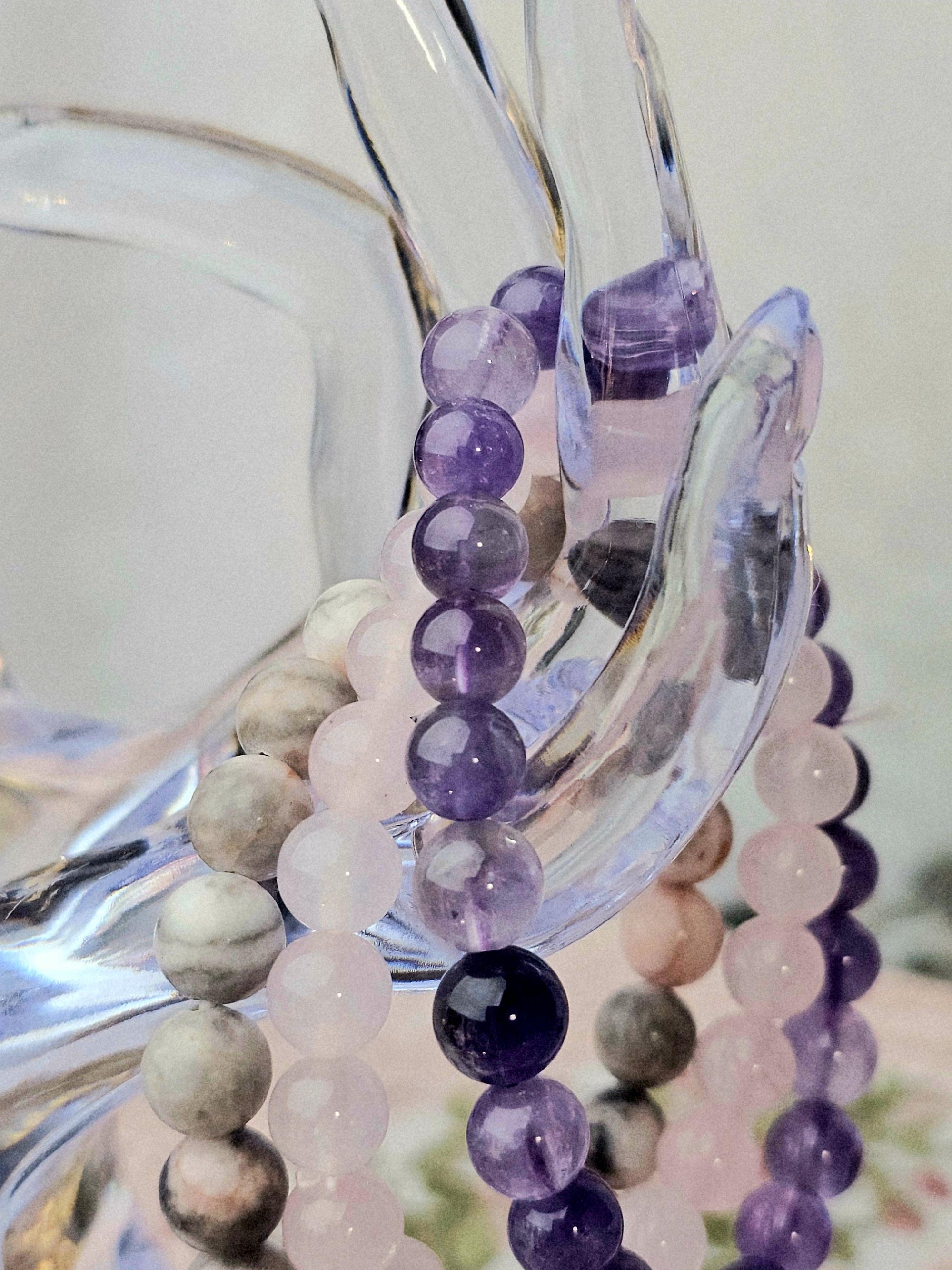 Amethyst & Pink Zebra Jasper Bracelet Set – Reiki Cleansed Gemstones