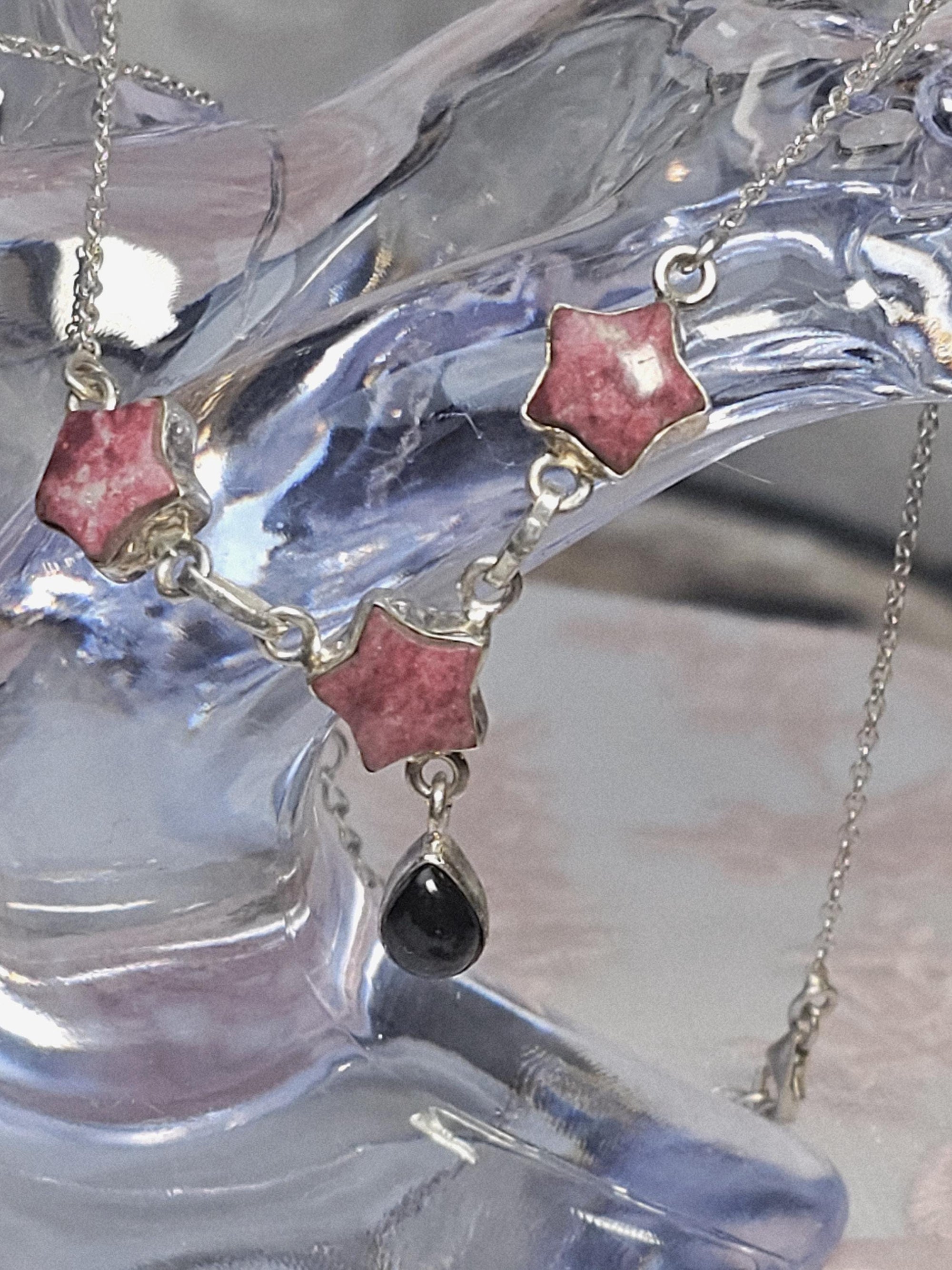 Handmade Thulite Obsidian 925 Silver Star Necklace, Rosaline Zoisite