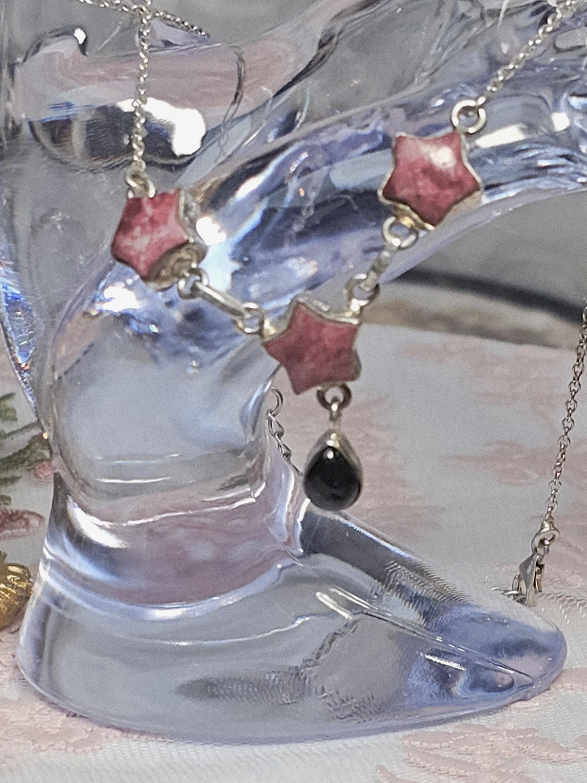 Handmade Thulite Obsidian 925 Silver Star Necklace, Rosaline Zoisite