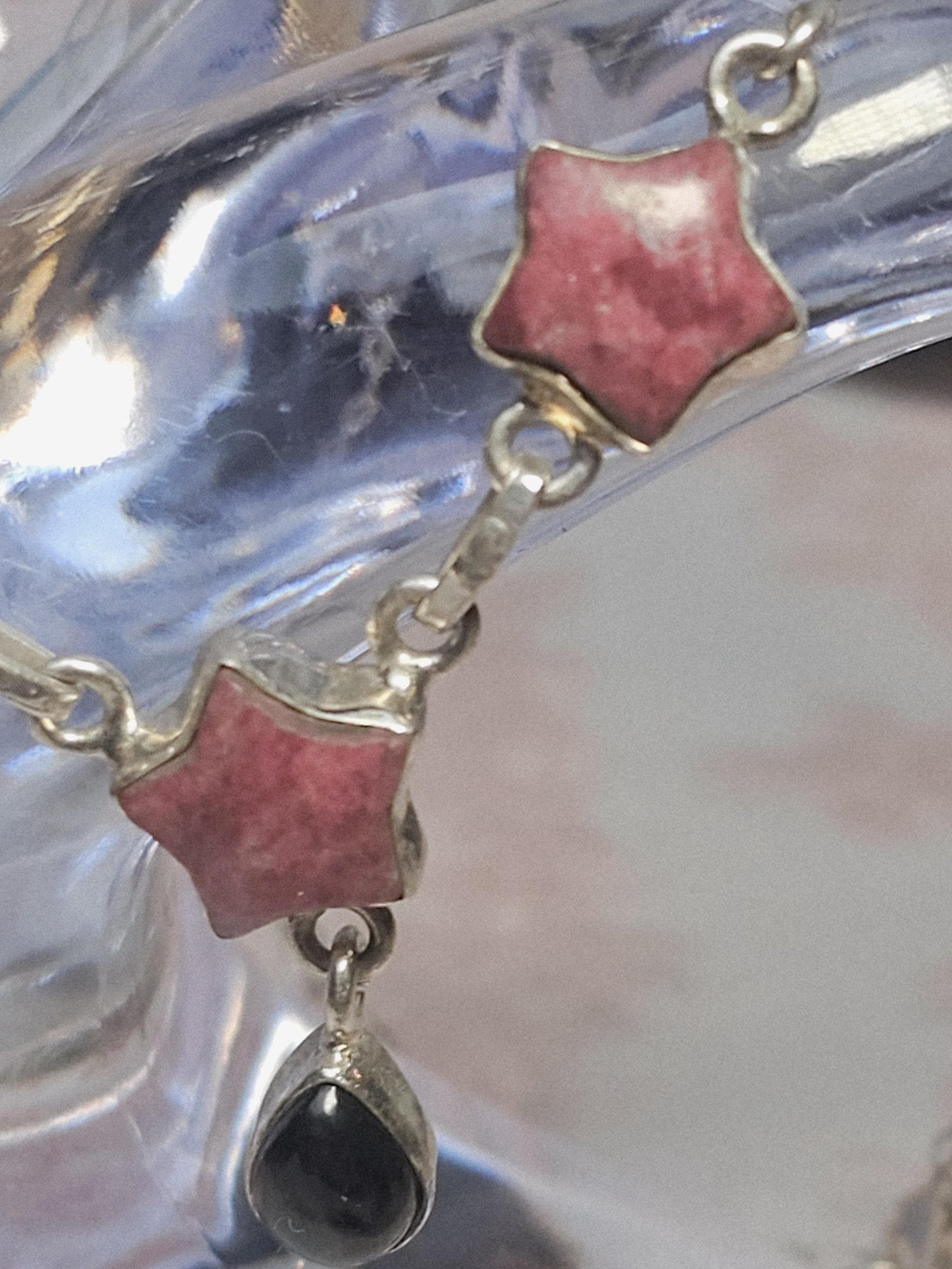 Handmade Thulite Obsidian 925 Silver Star Necklace, Rosaline Zoisite