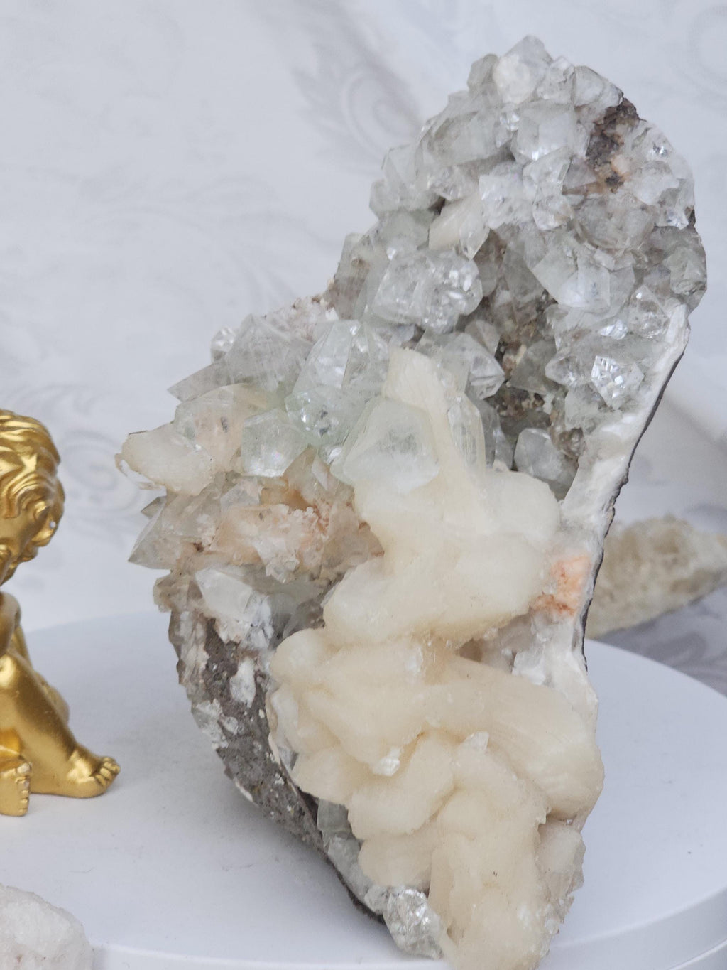 RARE Lg Green and White Diamond Apophyllite with Stillbite from India , Apophyllite, Statement Piece, Crystal