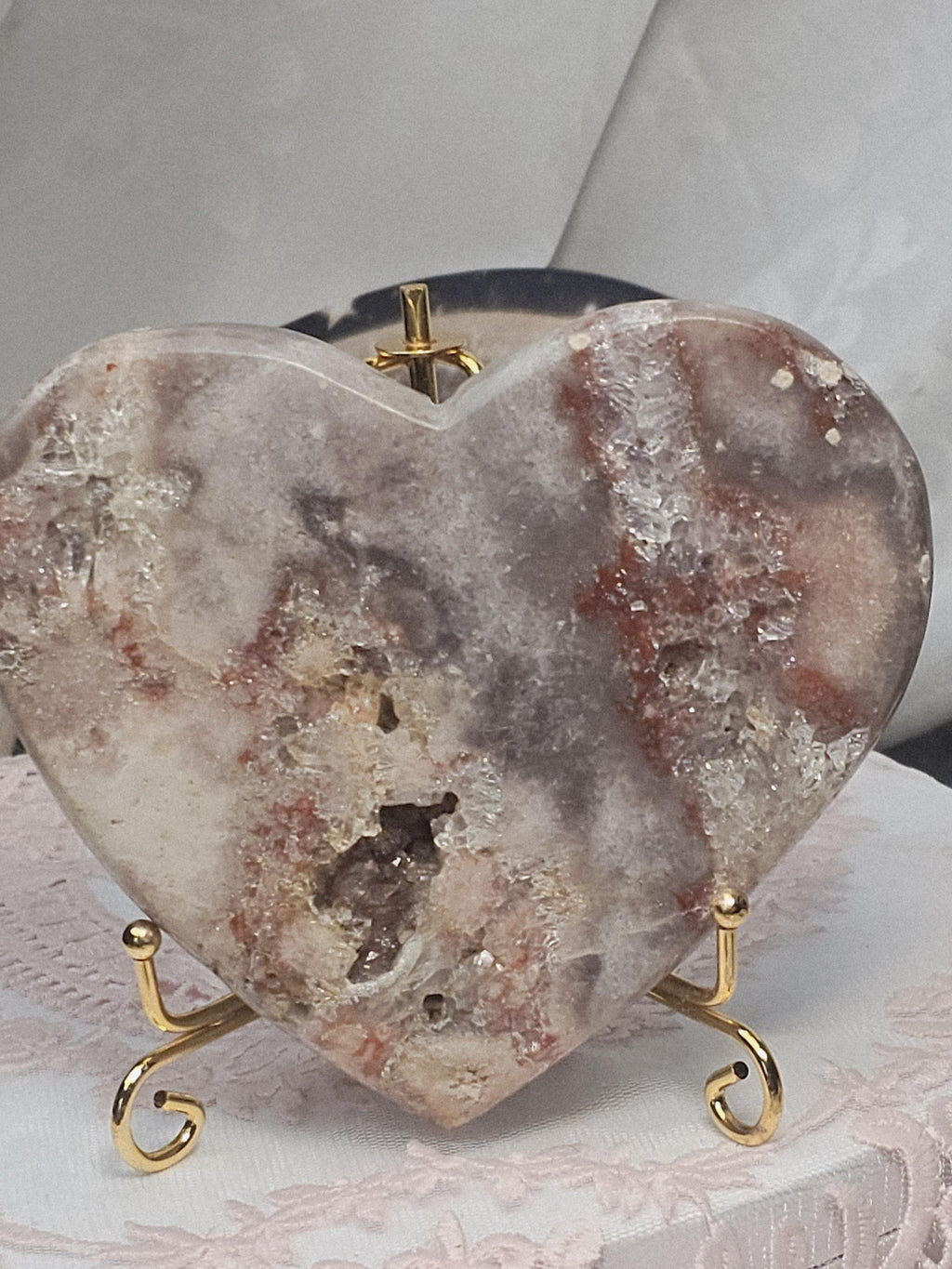 Pink Amethyst Druzy Heart, Brazilian Crystal, Rose Gold Stand