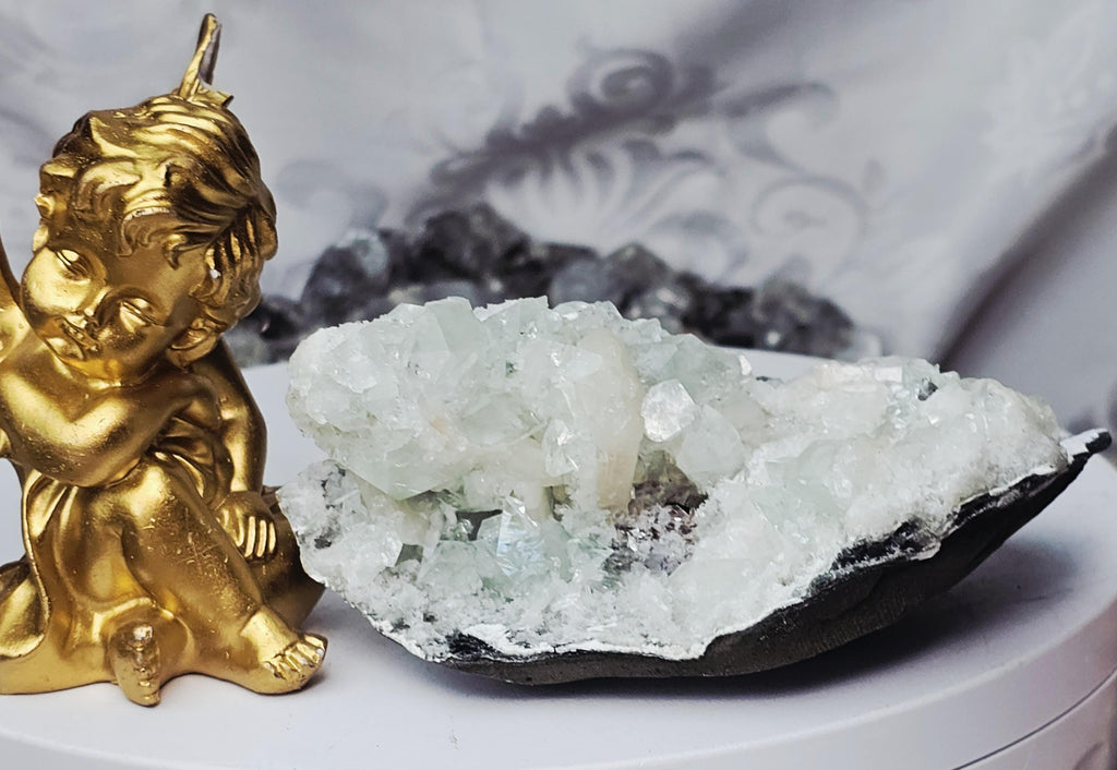 Green Diamond Apophyllite Crystal Cluster, Stillbite Mordenite, India Home Decor
