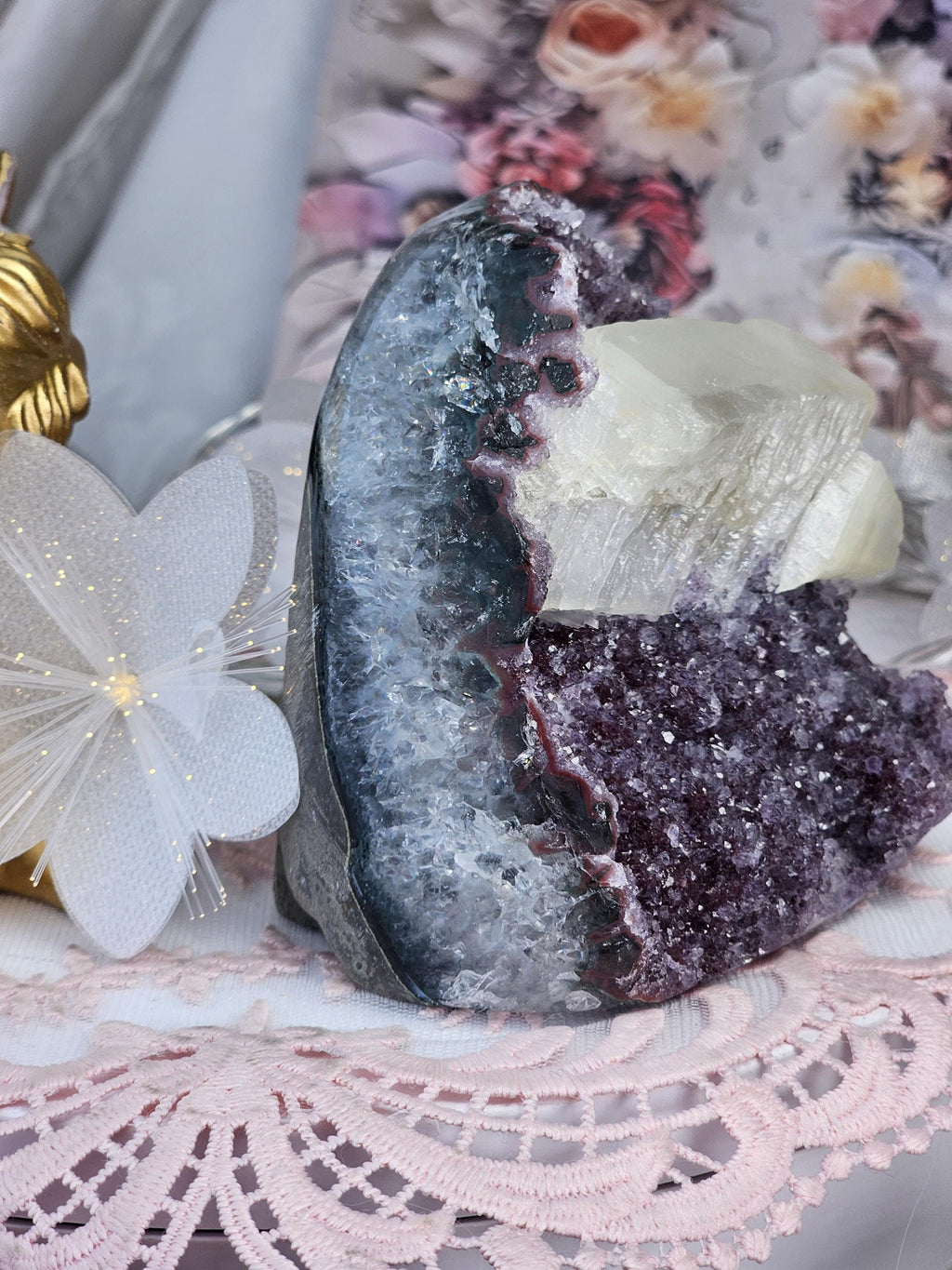 Red Amethyst and Calcite Cutbase Specimen, Rainbow Geode Crystal Gemstone