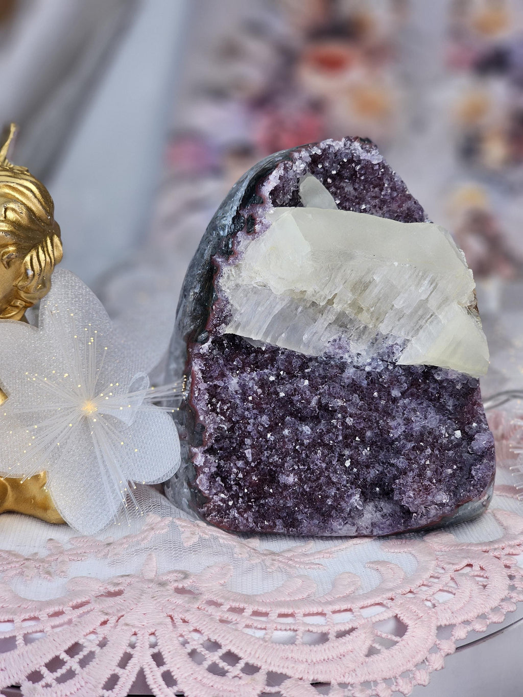 Red Amethyst and Calcite Cutbase Specimen, Rainbow Geode Crystal Gemstone