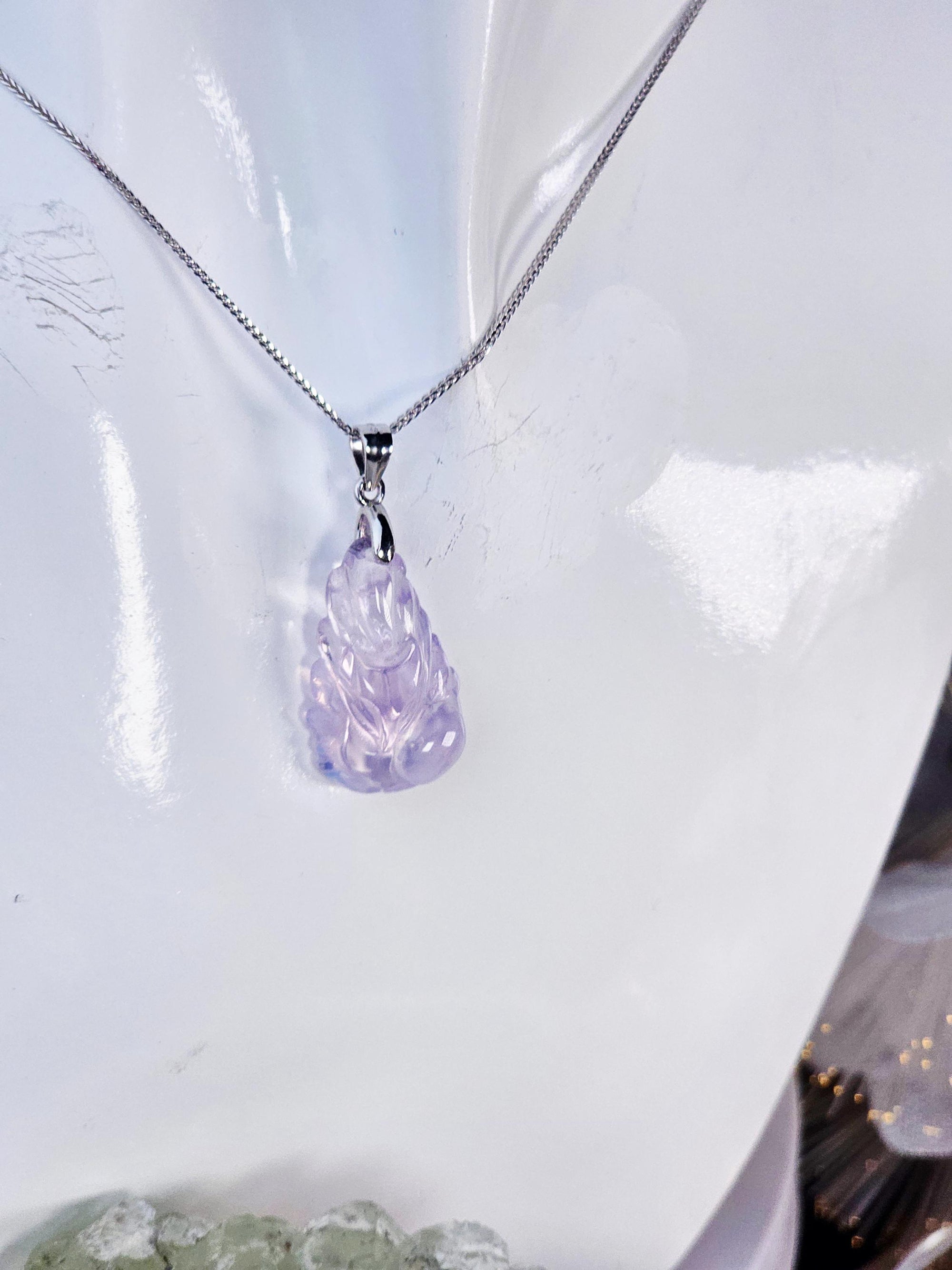 Lavender Moon Quartz 9 Tail Fox Necklace, 925 Silver, Anime Litsune
